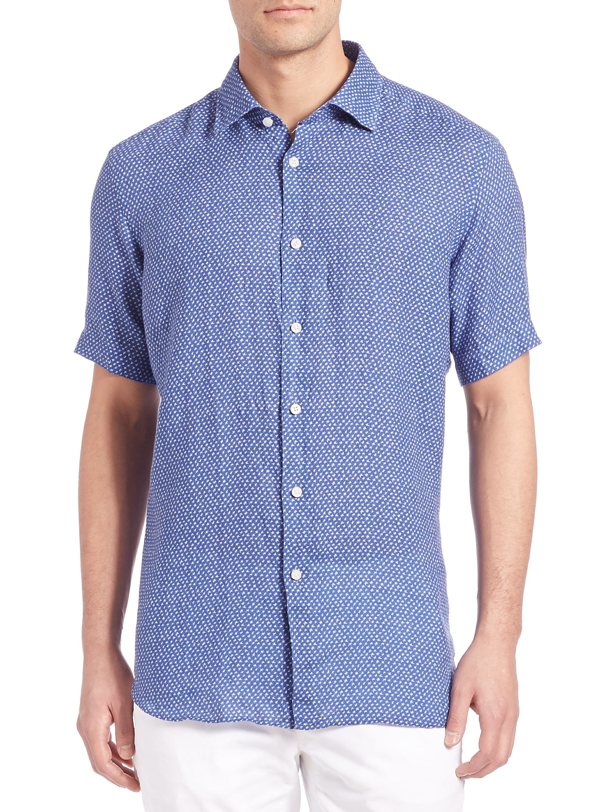 Saks fifth avenue Short-sleeve Leaf-print Linen Sportshirt in Blue for ...
