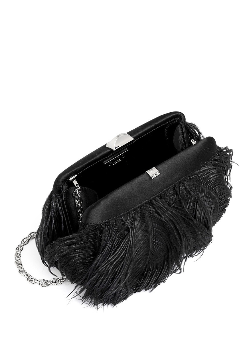 Lyst Rodo Feather Appliqué Satin Clutch in Black