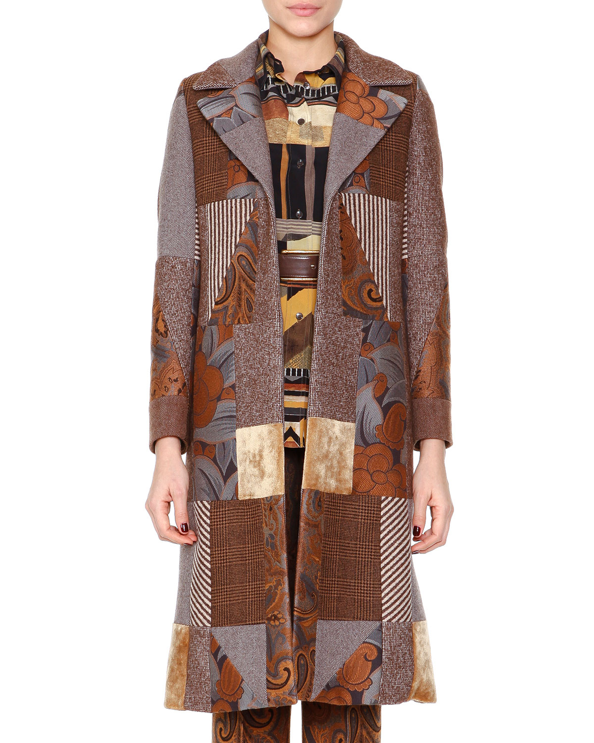 Etro Patchwork Jacquard Fitted Coat in Brown | Lyst