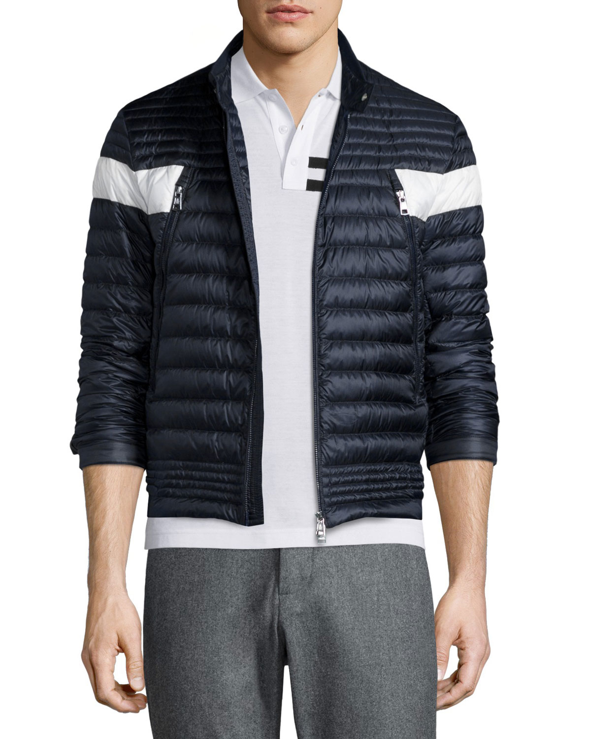 moncler down quilted front ribbed jacket in navy moncler down quilted front ribbed jacket in navy