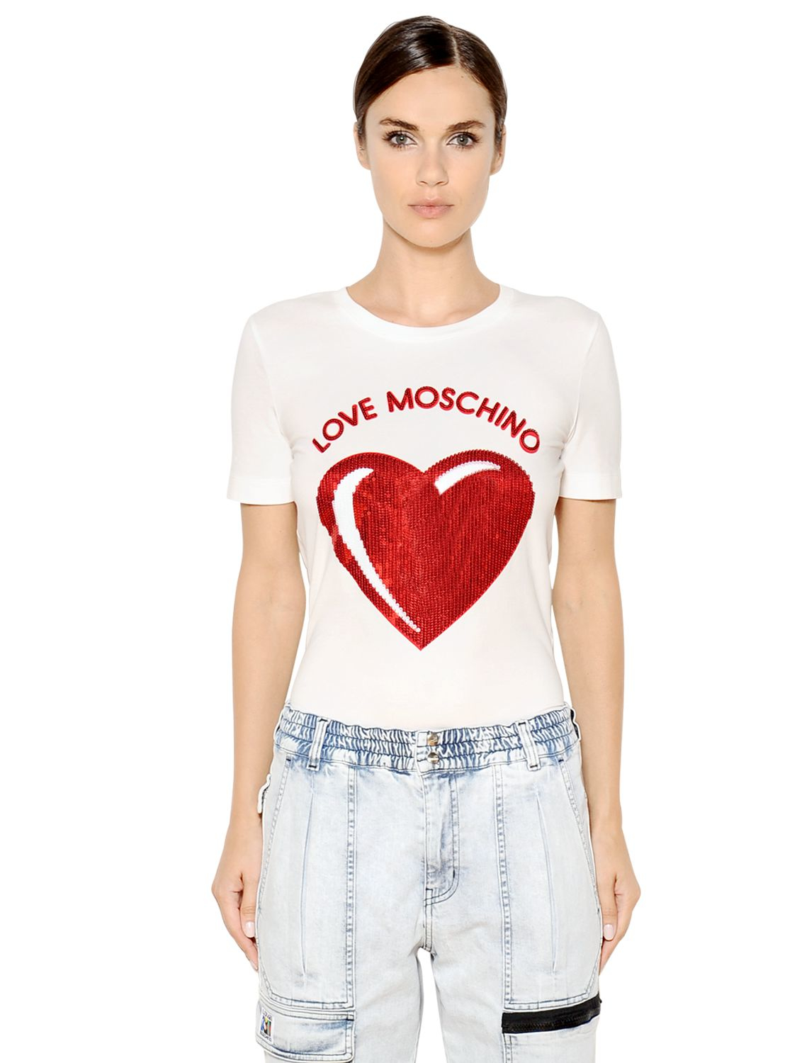 Lyst - Love Moschino Heart Sequined Cotton Jersey T-shirt in White
