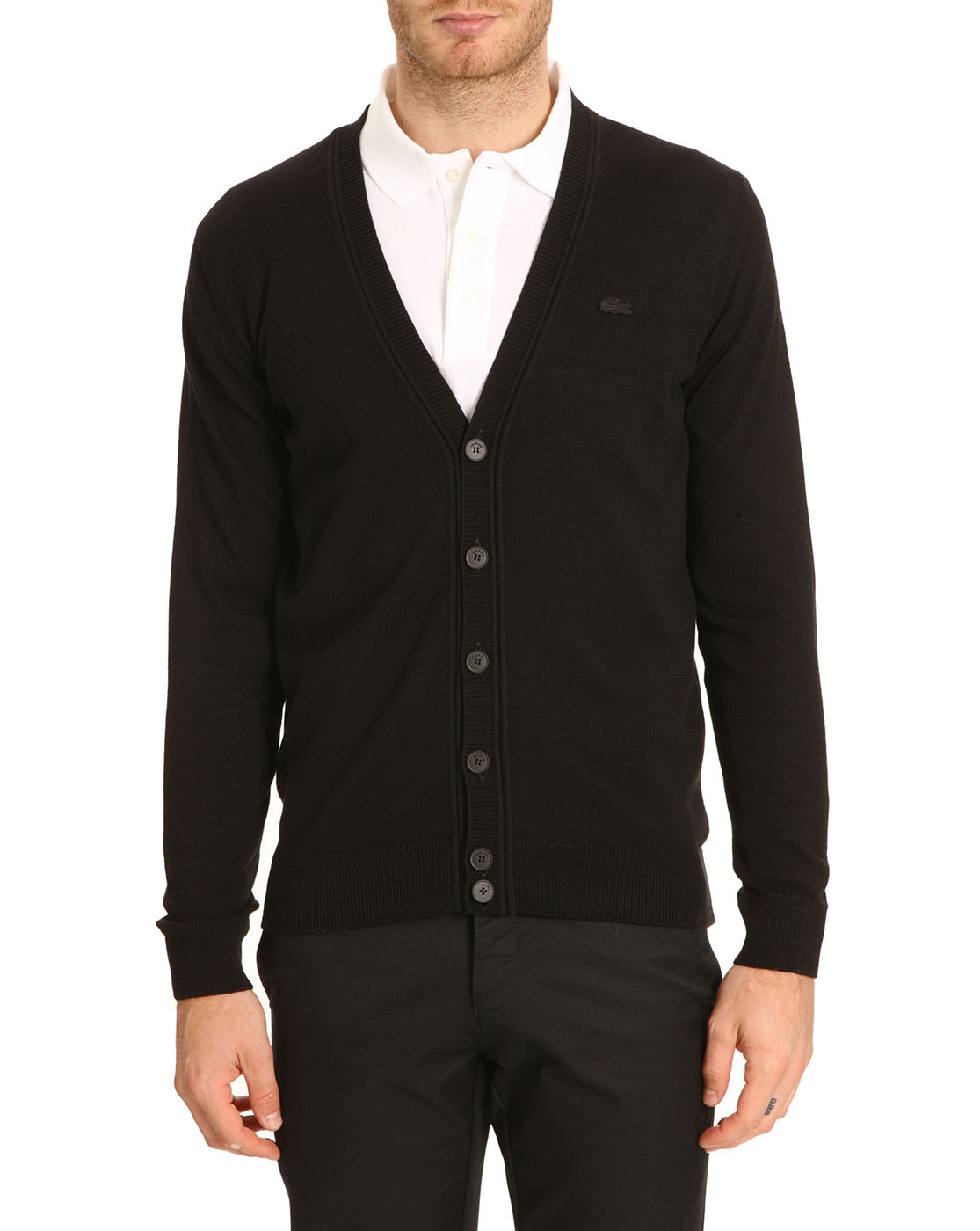 Lacoste Ah2996 Lambswool Black Cardigan With Tone-on-tone Crocodile ...