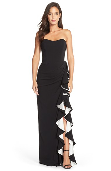 Lyst Badgley Mischka Ruffled Side Crepe Gown In Black Gallery