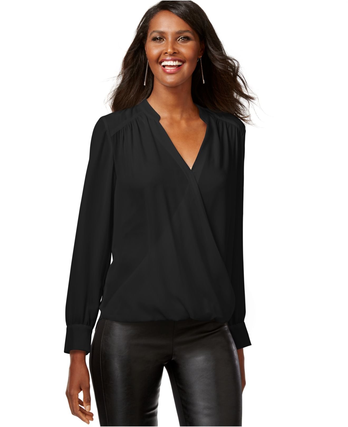Inc international concepts Long-sleeve Surplice Blouse, Only At Macy&#39;s in Black (Deep Black ...