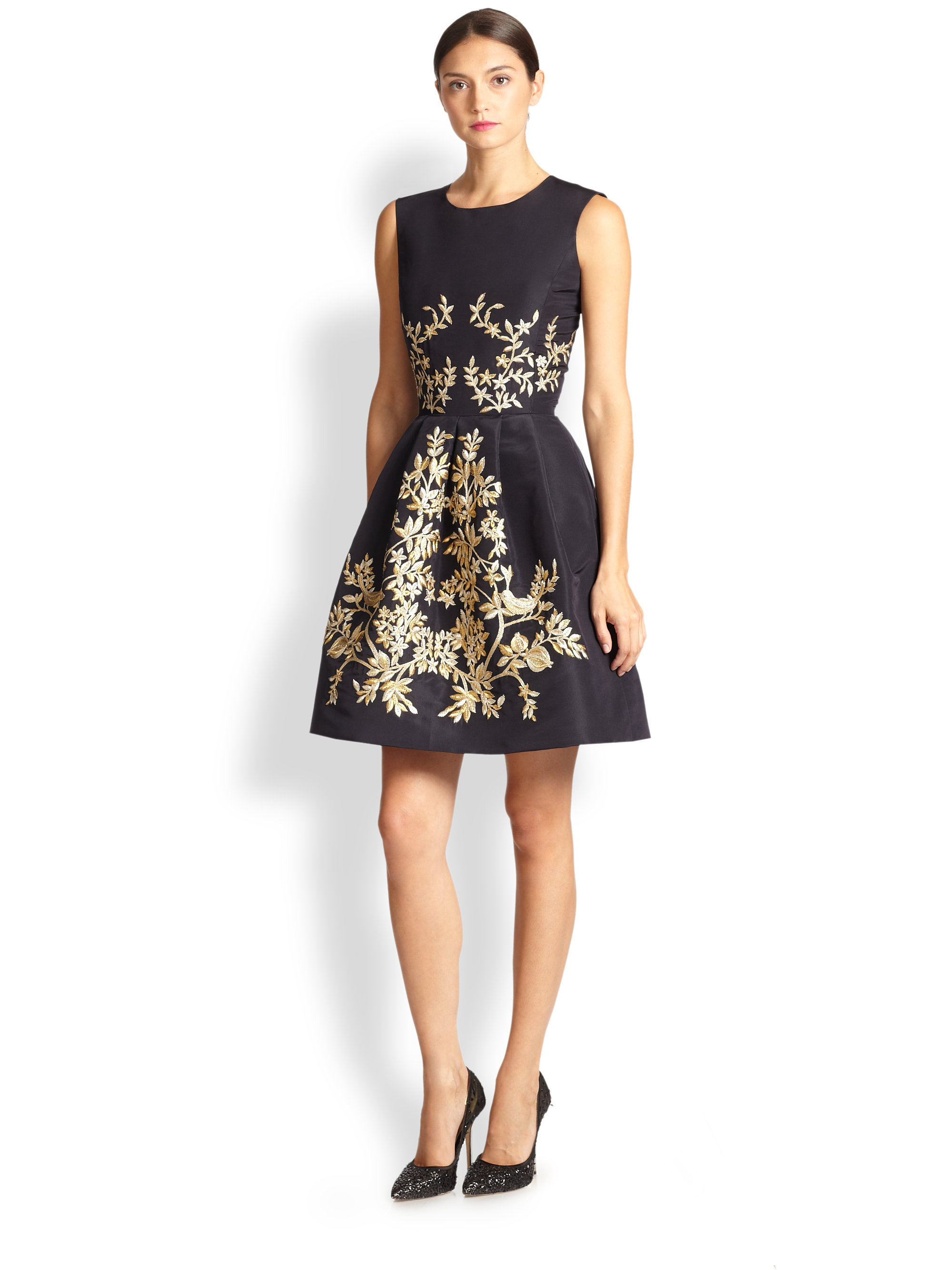 Oscar de la renta Metalic-Embroidery Silk Cocktail Dress in Black | Lyst