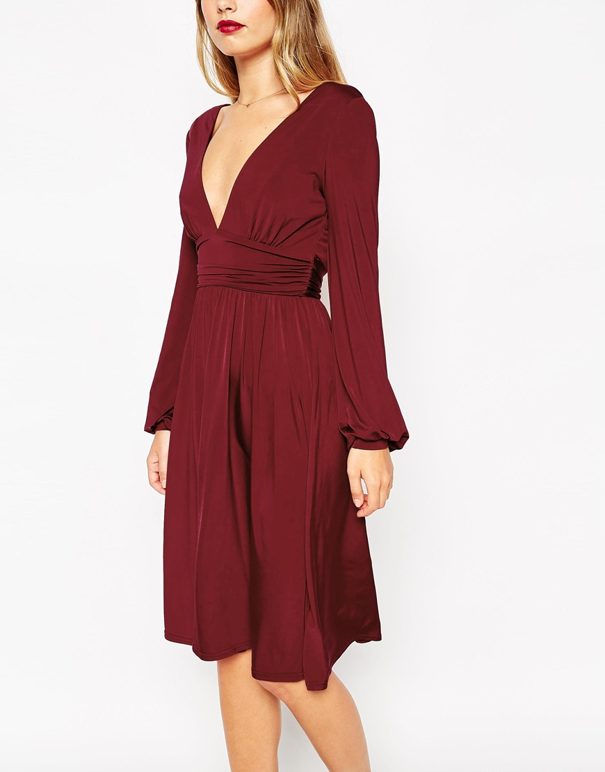 Asos Slinky Blouson Sleeve Wrap Midi Dress Burgundy in Red Lyst