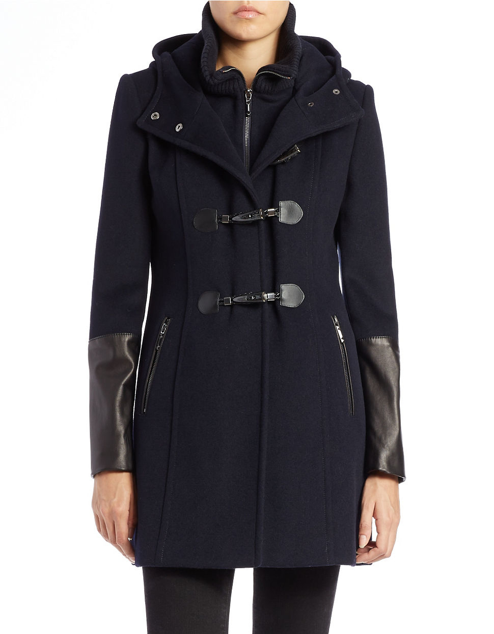 Bcbgmaxazria Faux-leather Trim Toggle Coat in Blue (Navy Blue) | Lyst