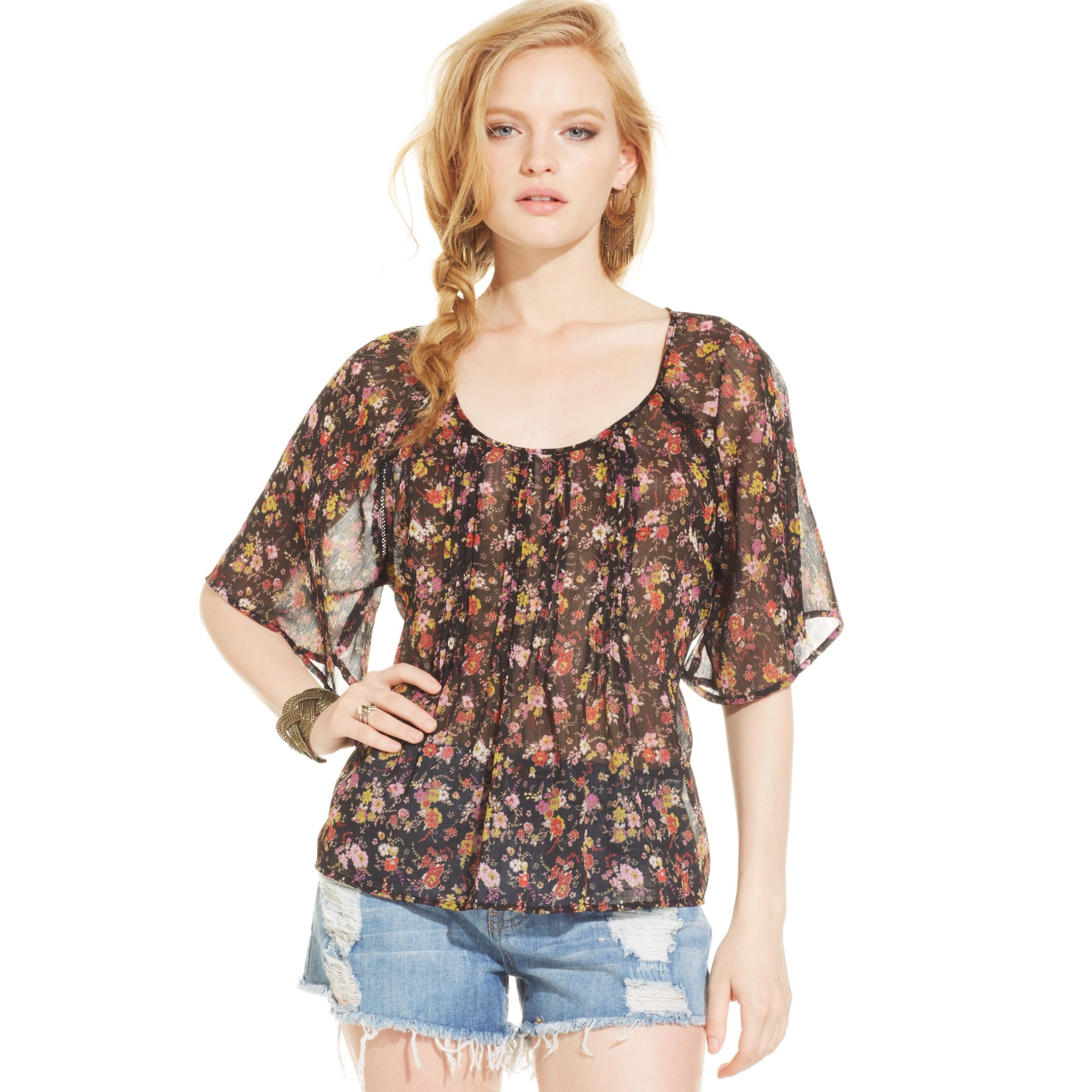 American Rag Printed Pintuck Top in Floral (Classic Black) | Lyst