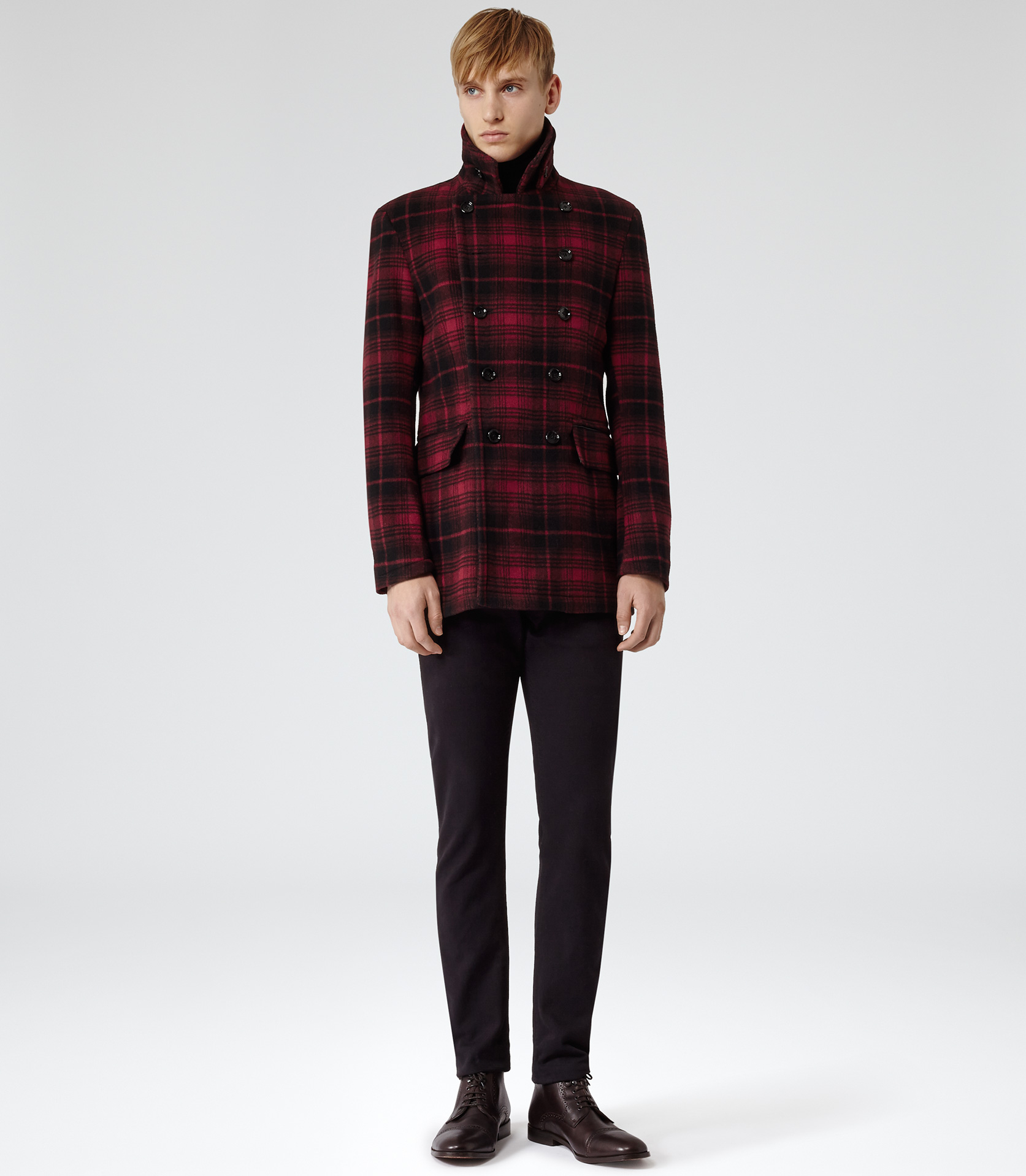 Lyst - Reiss Redwood Check Pea Coat in Red for Men