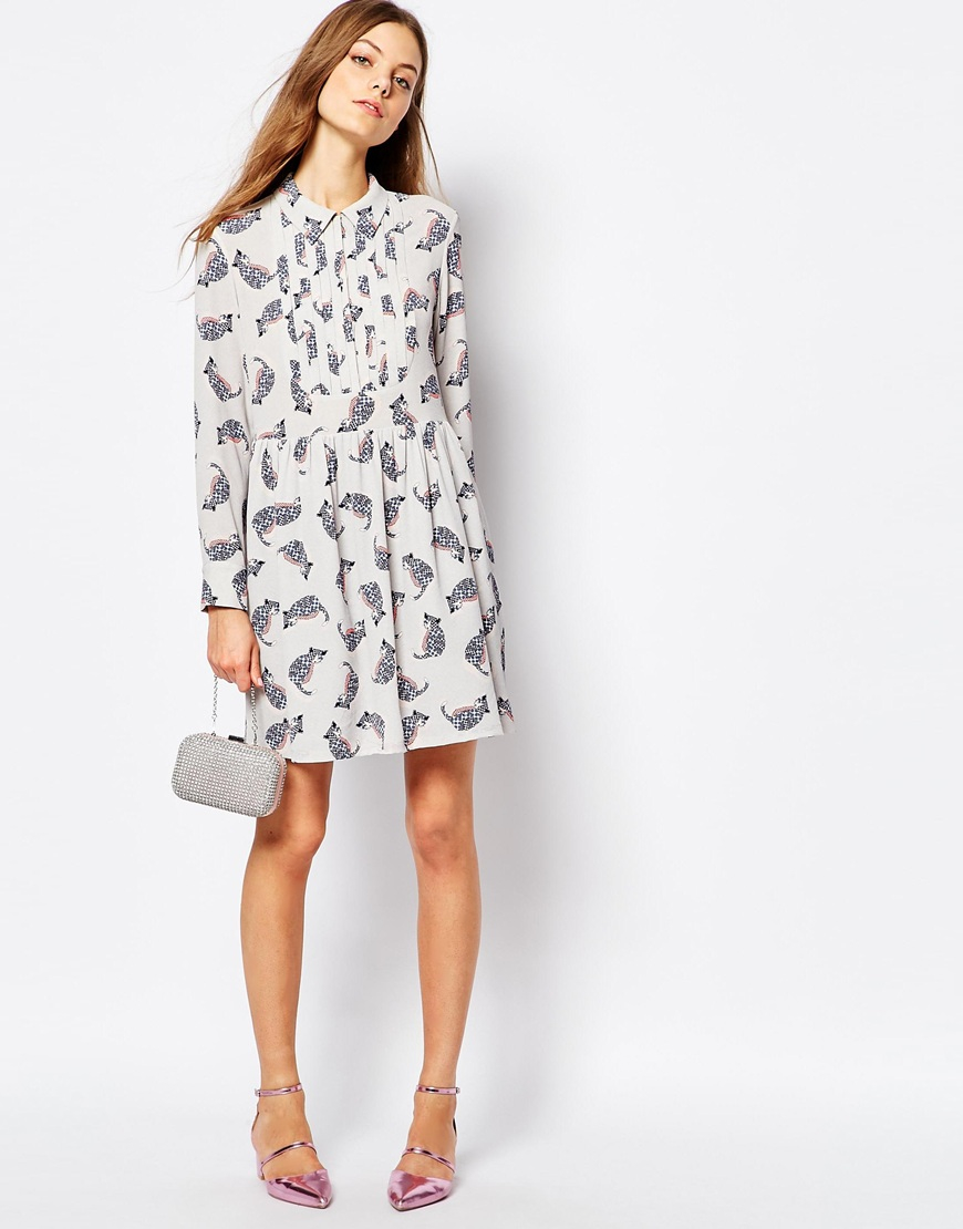 Paul Joe And Sister Babydoll Dress In Grey Cat Print Gallery