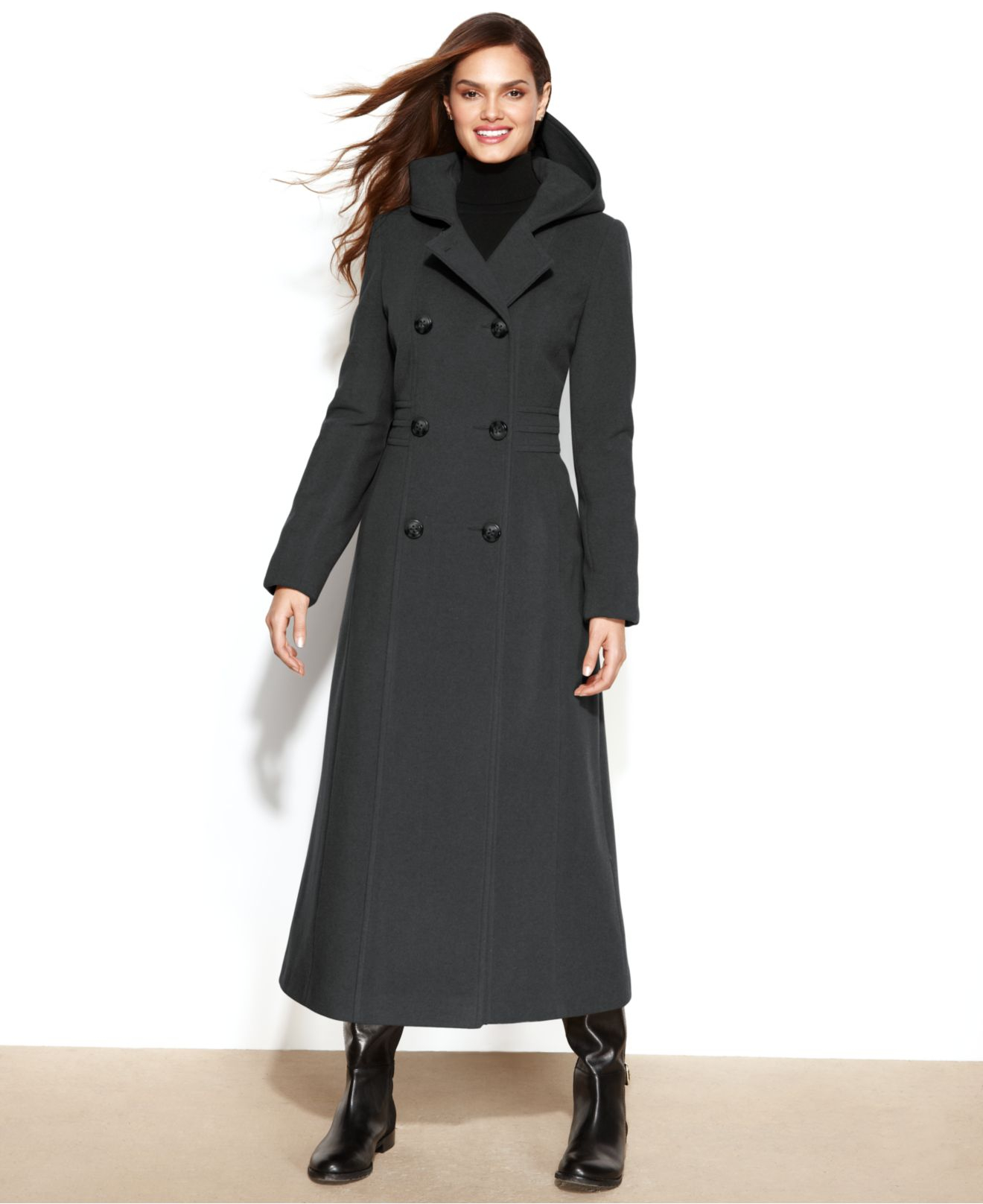 Lyst Anne Klein Double Ted Wool Blend Hooded Maxi Coat In Gray Gallery