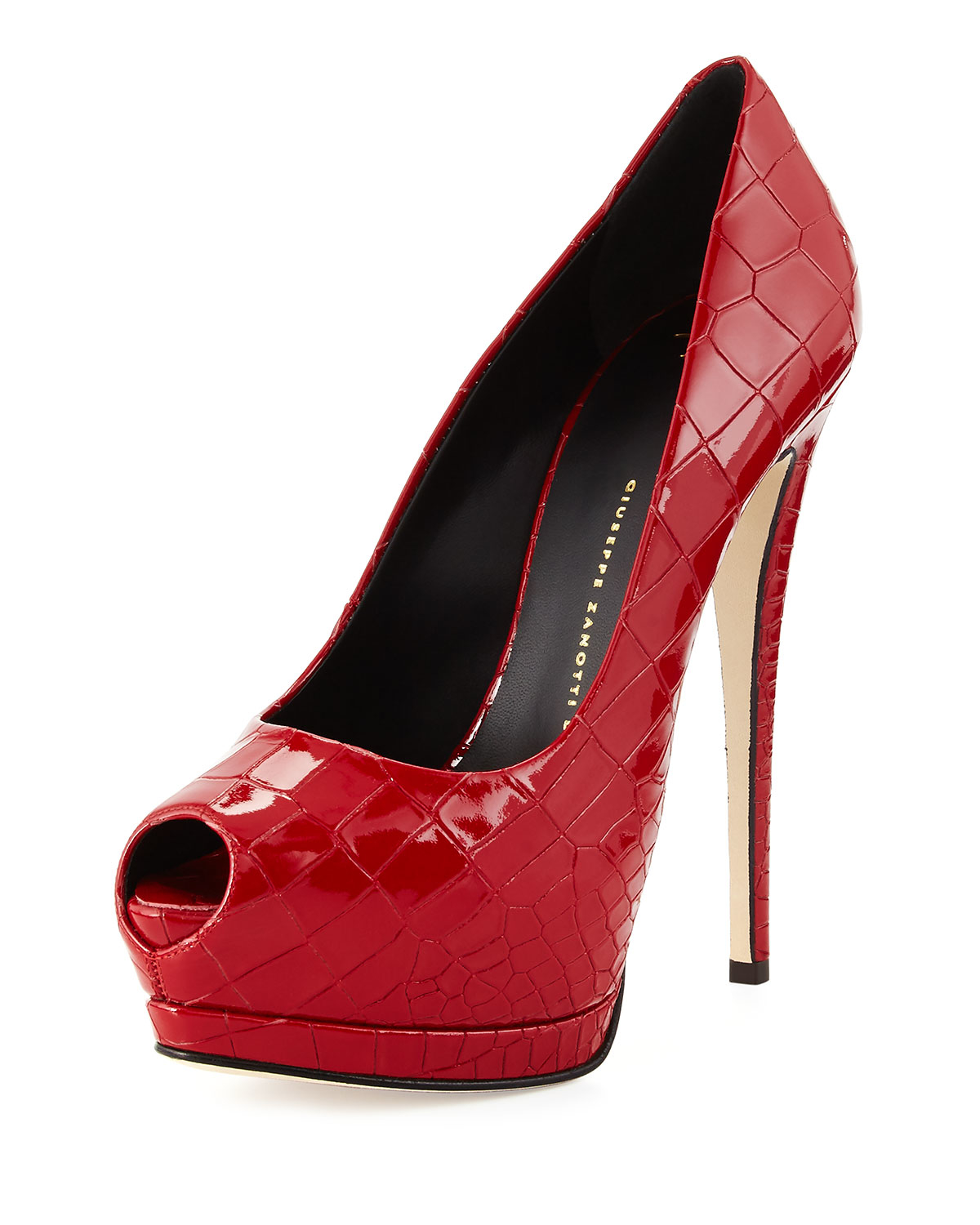 Giuseppe zanotti Red Croc-embossed Patent Leather 'sharon' Peep-toe ...