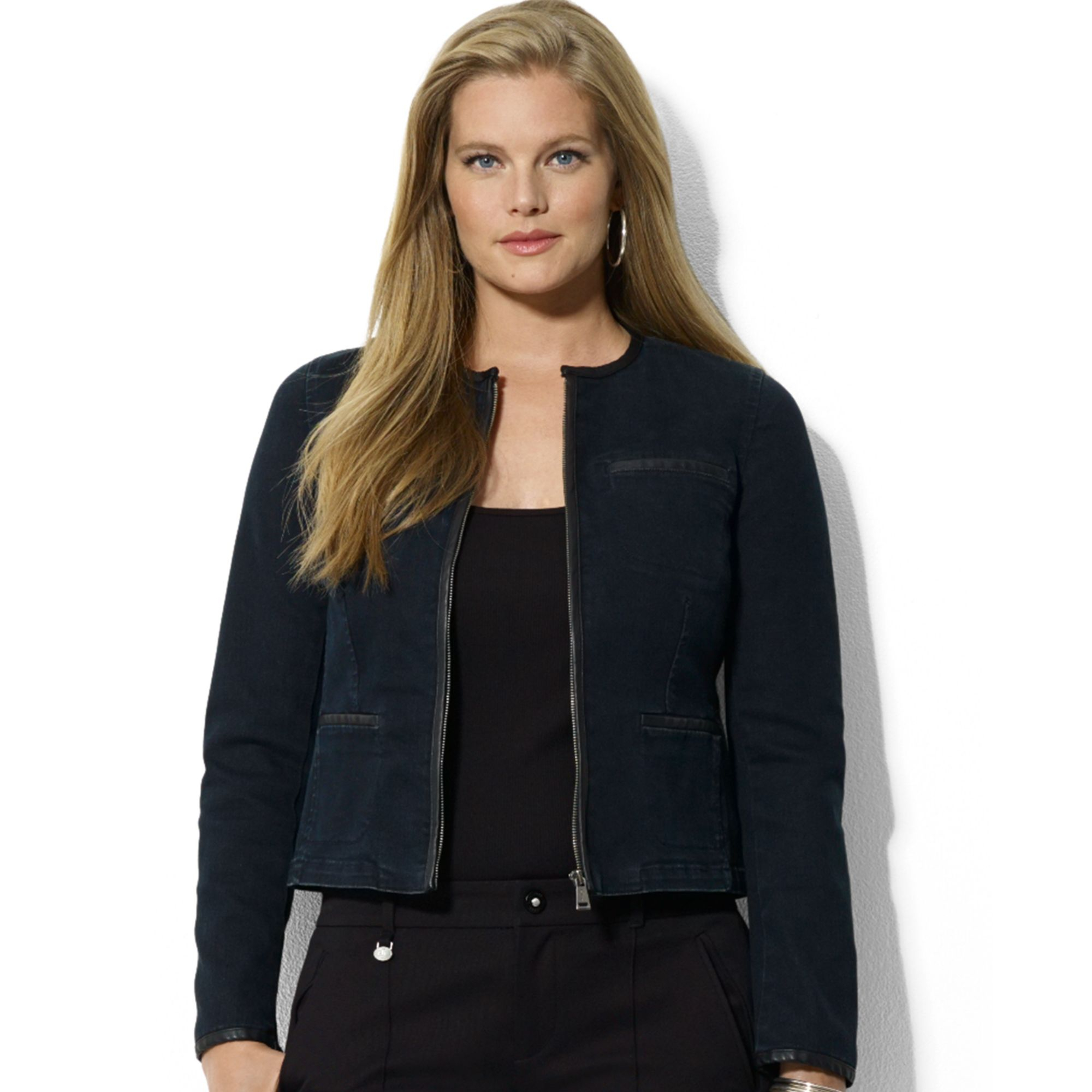 Lyst Lauren By Ralph Faux Leather Trim Denim Jacket In Blue Gallery