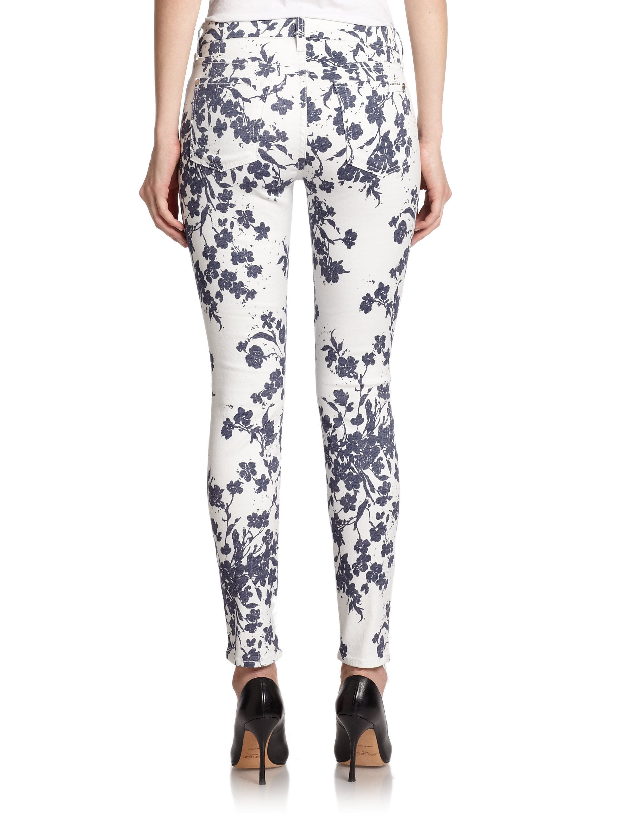 7 for all mankind Floral Print Ankle Skinny Jeans in Blue | Lyst