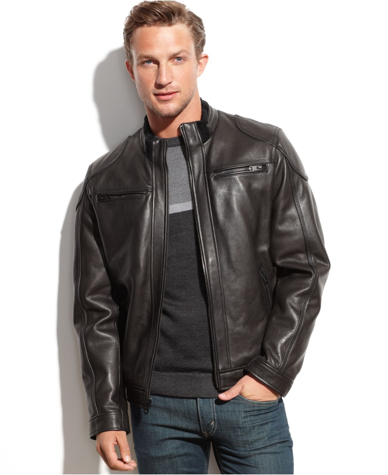 Lyst Calvin Klein Leather Moto Jacket in Black for Men