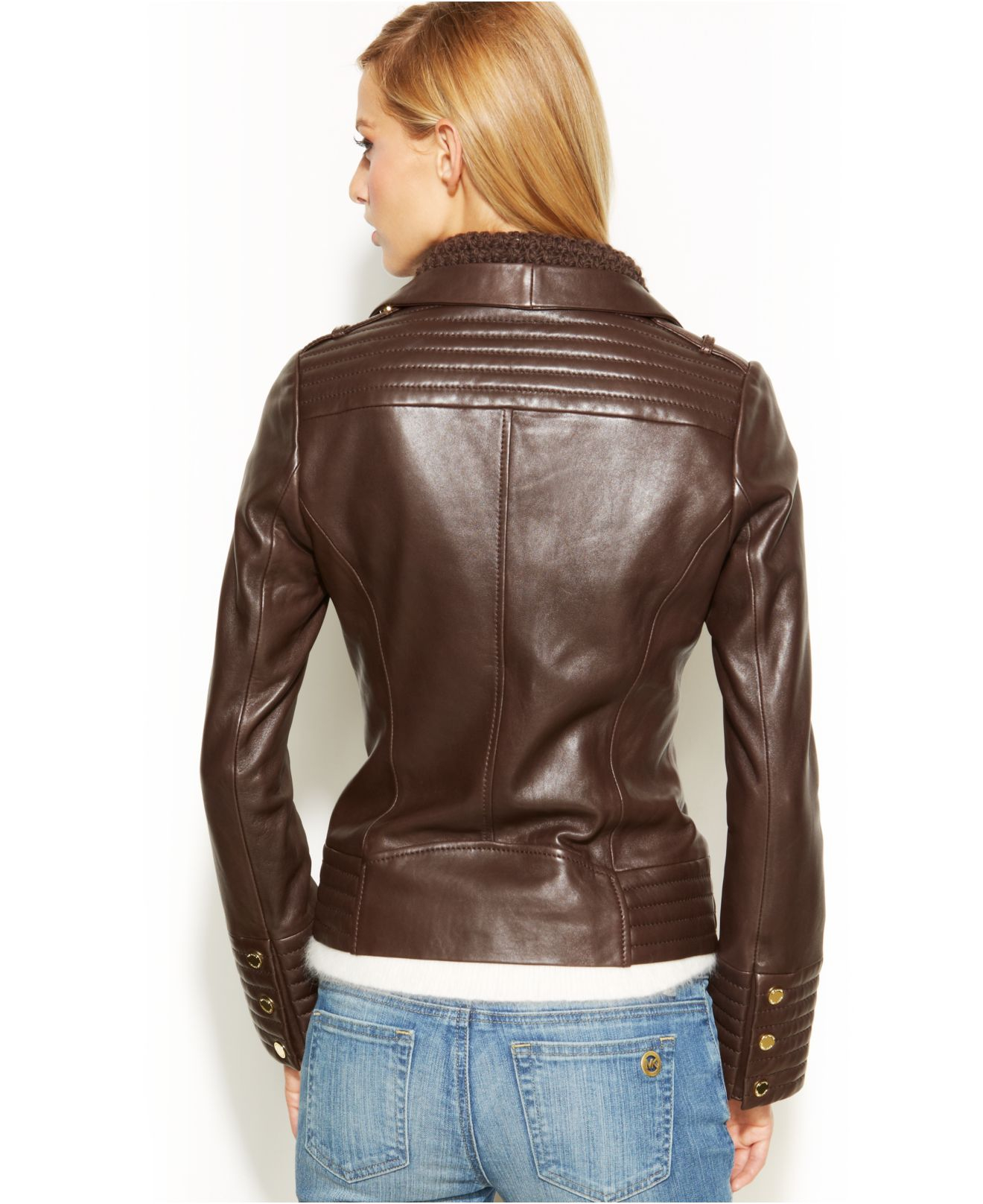 Michael kors Michael Knit-Trim Leather Jacket in Brown | Lyst