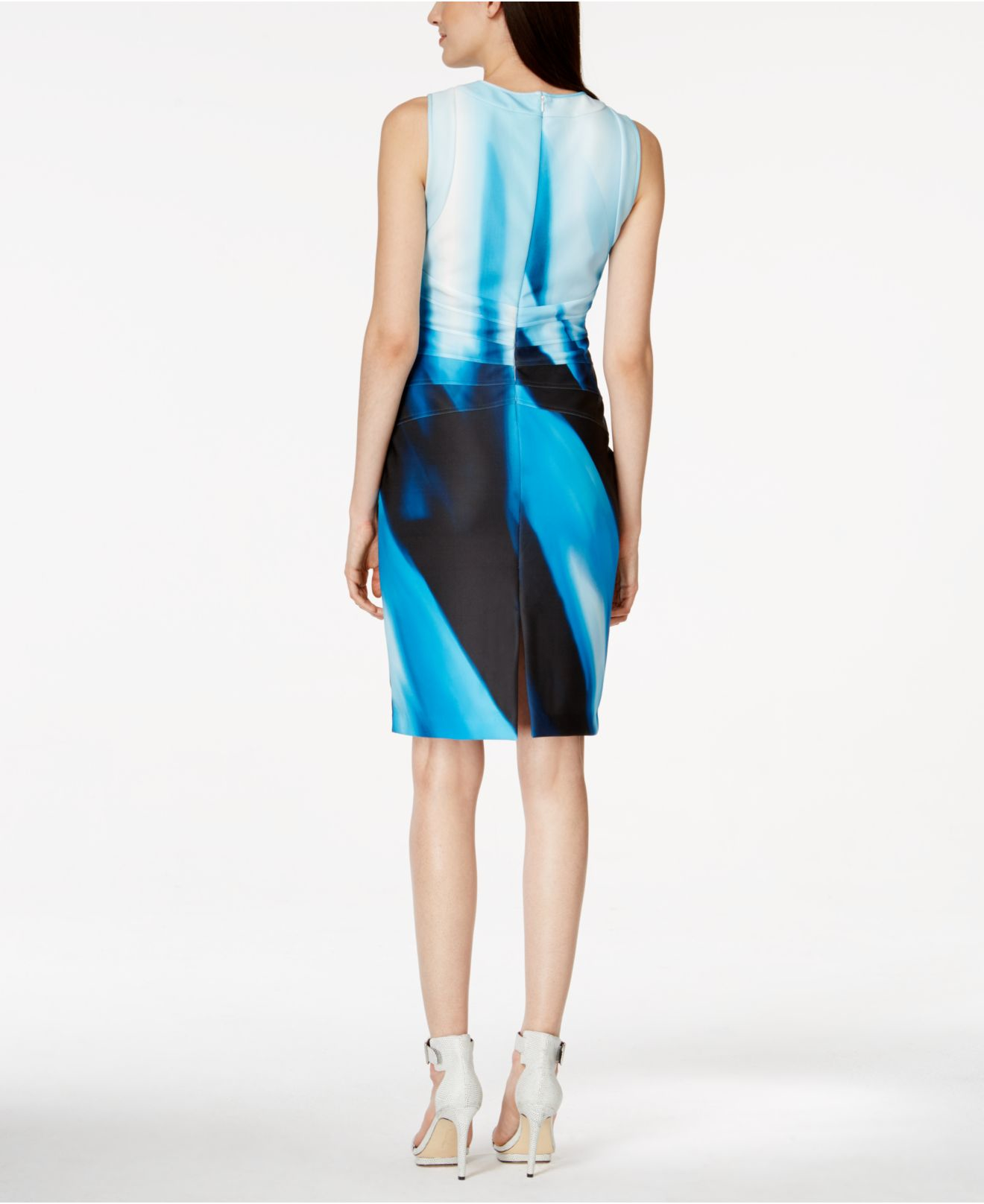 Lyst Calvin Klein Sleeveless Printed Sheath Dress In Blue Gallery