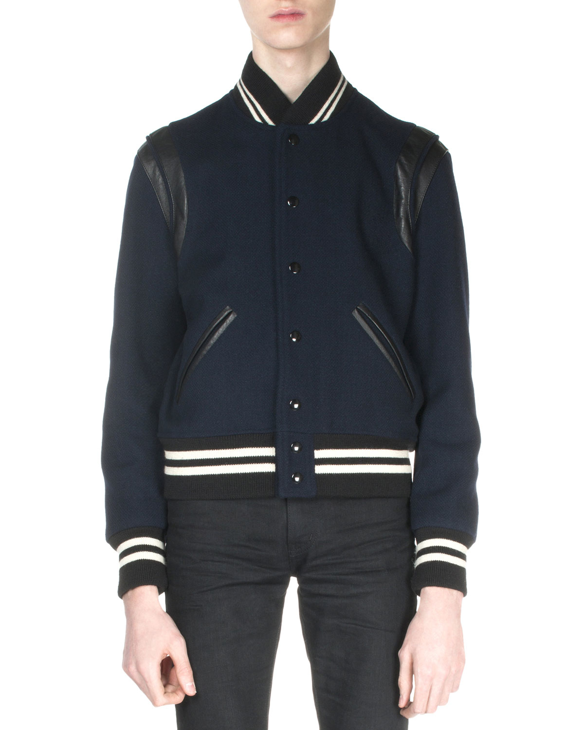 Lyst - Saint Laurent Classic Teddy Jacket With Leather Detail in Blue ...