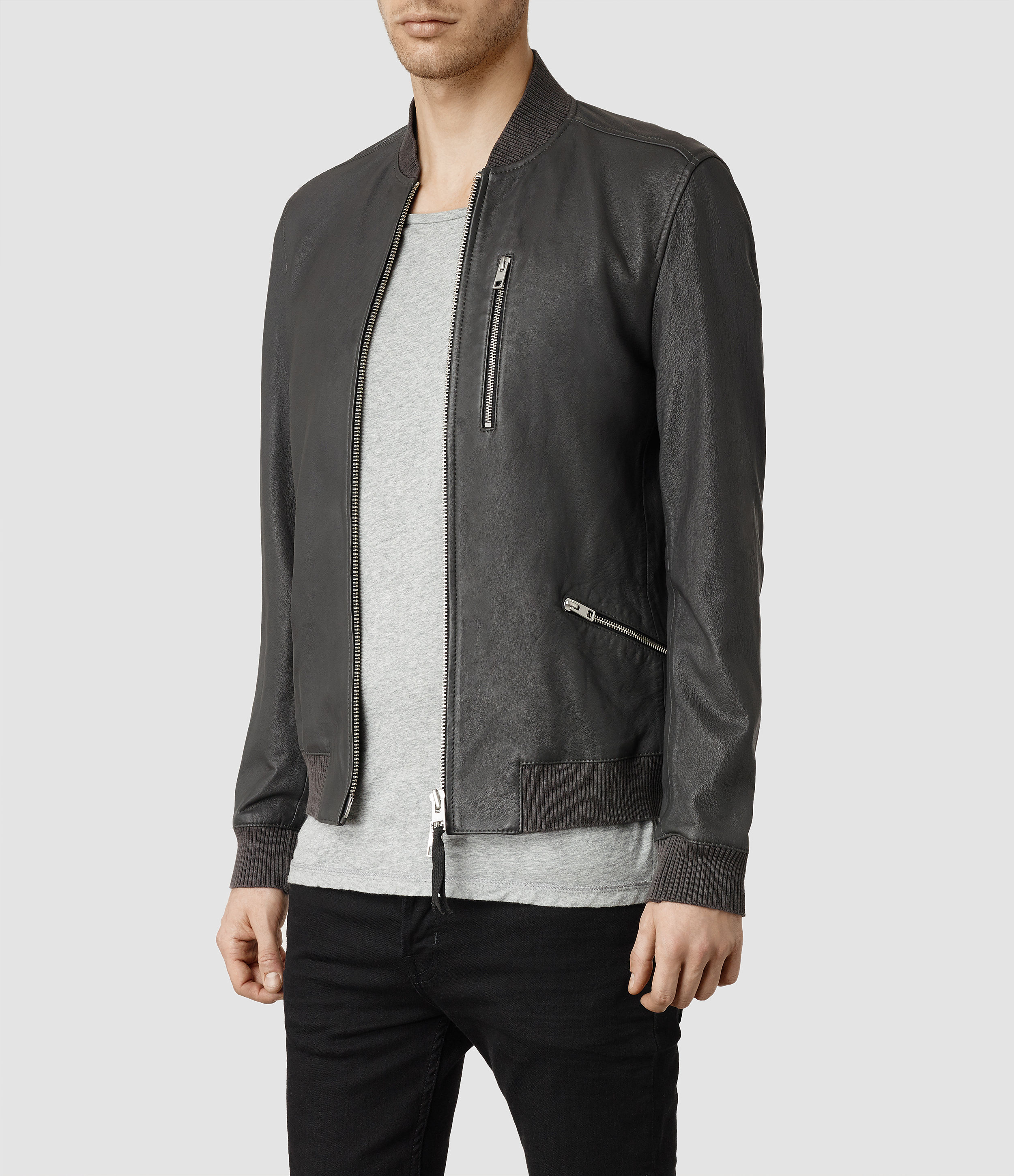 Lyst - Allsaints Utility Leather Bomber Jacket in Gray for Men