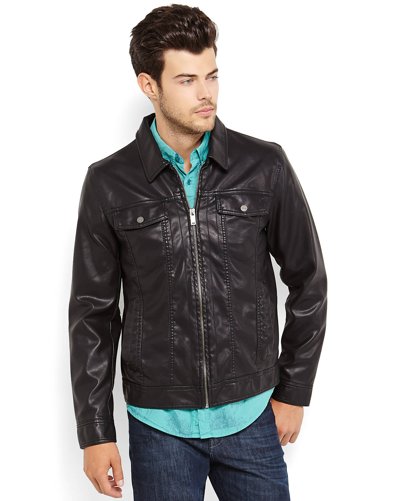 Guess Black Faux Leather Jacket in Black for Men | Lyst