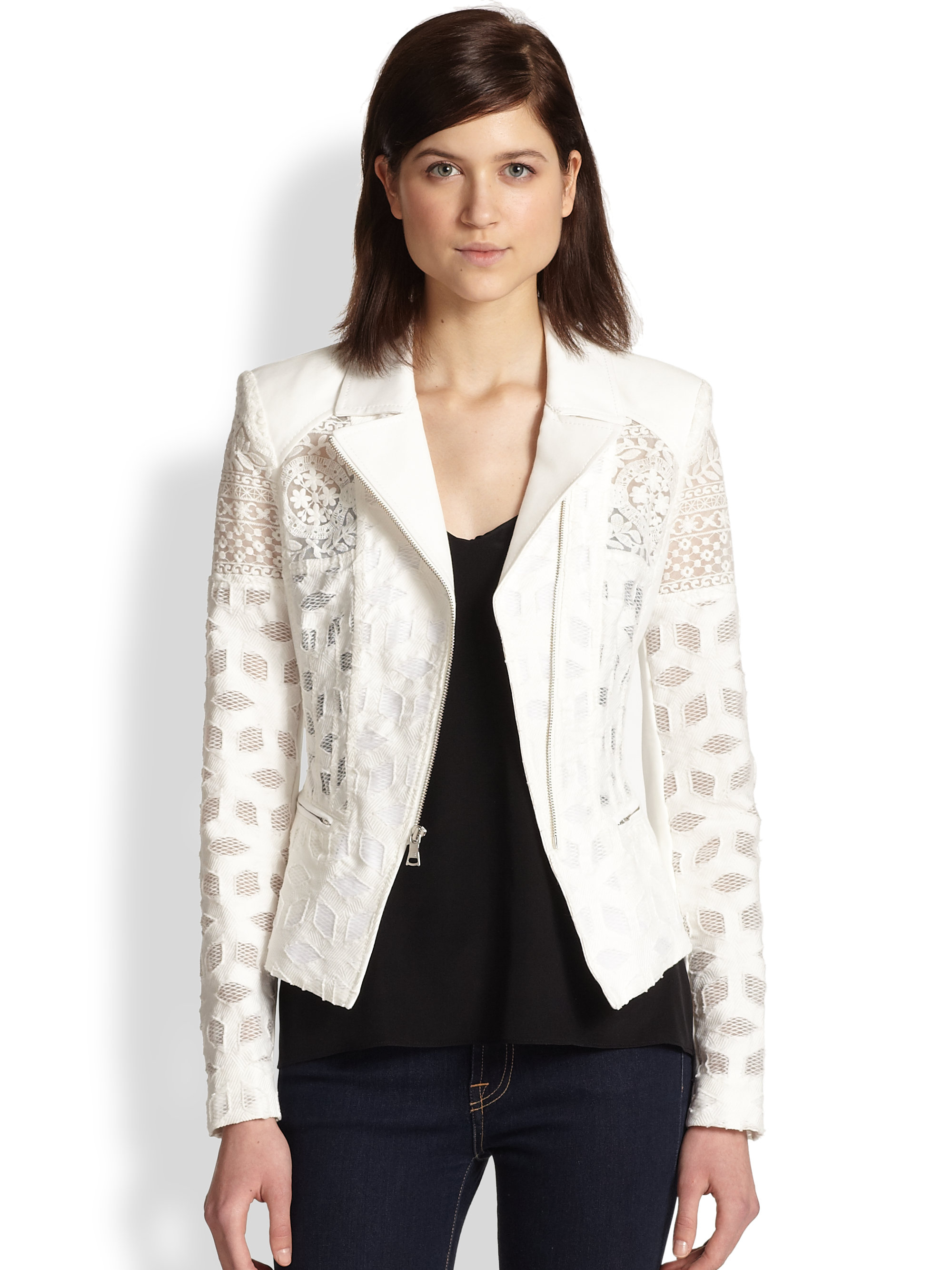 Lyst - Bcbgmaxazria Boe Embroidered Netted Moto Jacket in White