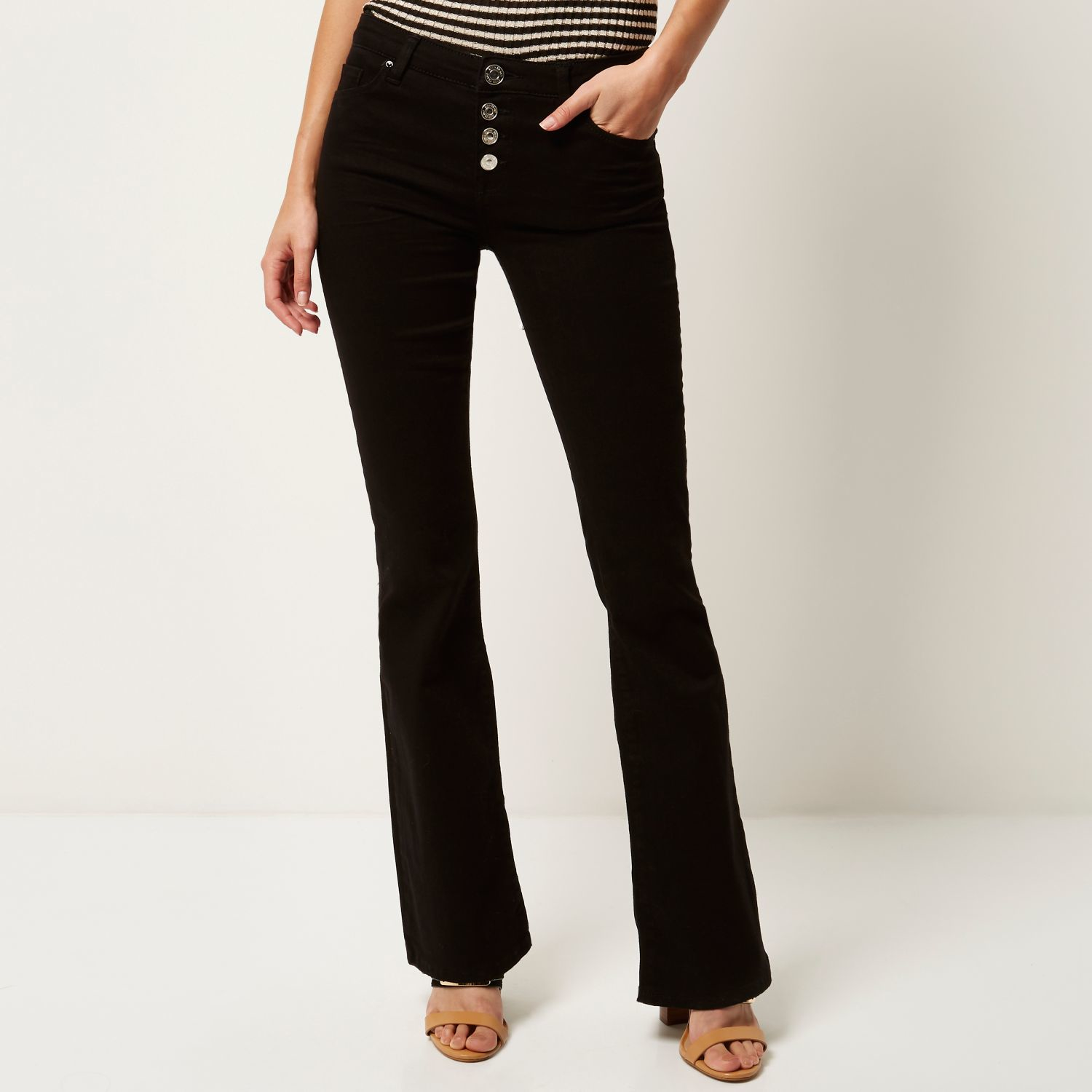 Lyst - River Island Black Button Up Brooke Flare Jeans in Black