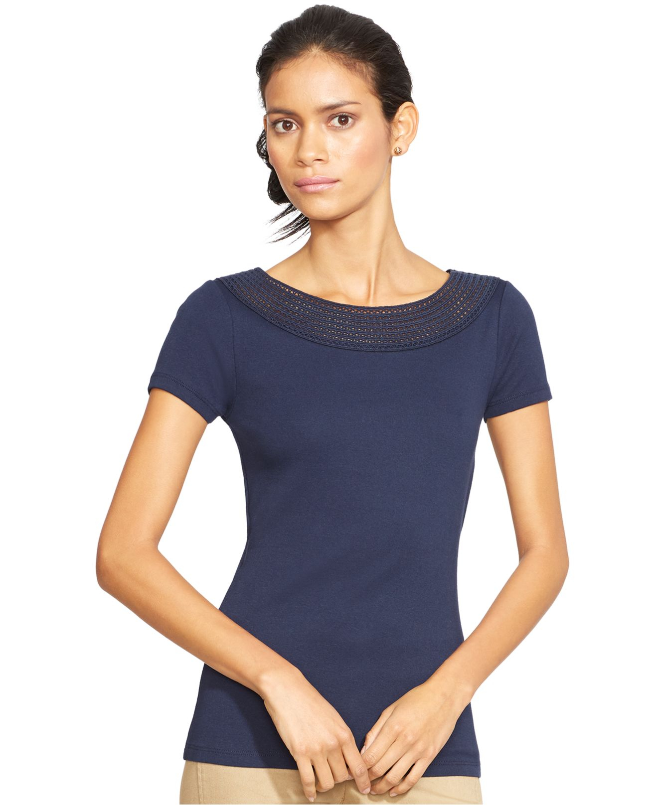 Lyst Lauren By Ralph Lauren PointelleKnit ShortSleeve Top in Blue