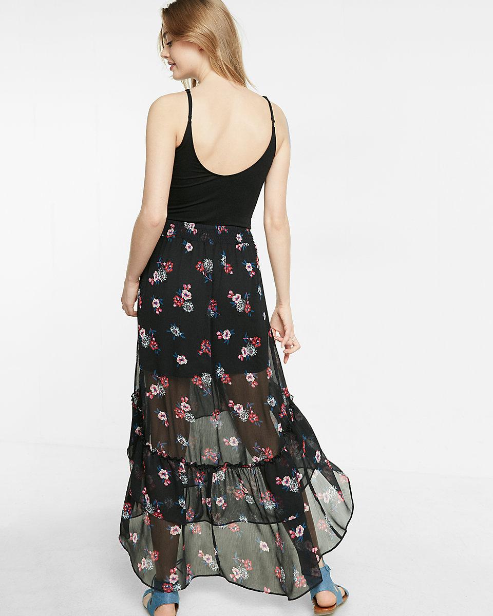 Express High Waisted Floral Print Tiered Hi-lo Maxi Skirt in Black | Lyst