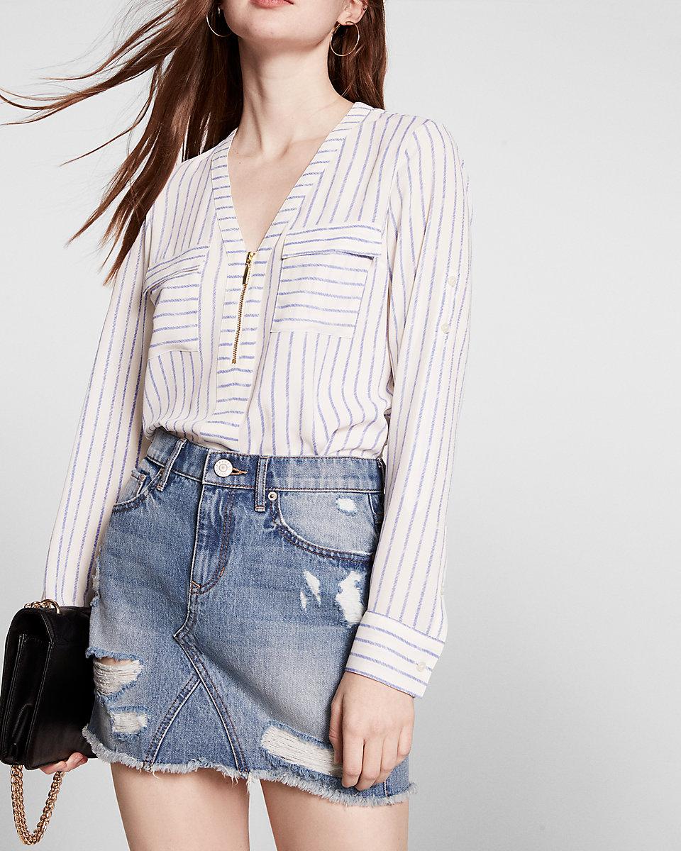 express striped sleeve zip front blouse lyst express striped sleeve zip front blouse lyst