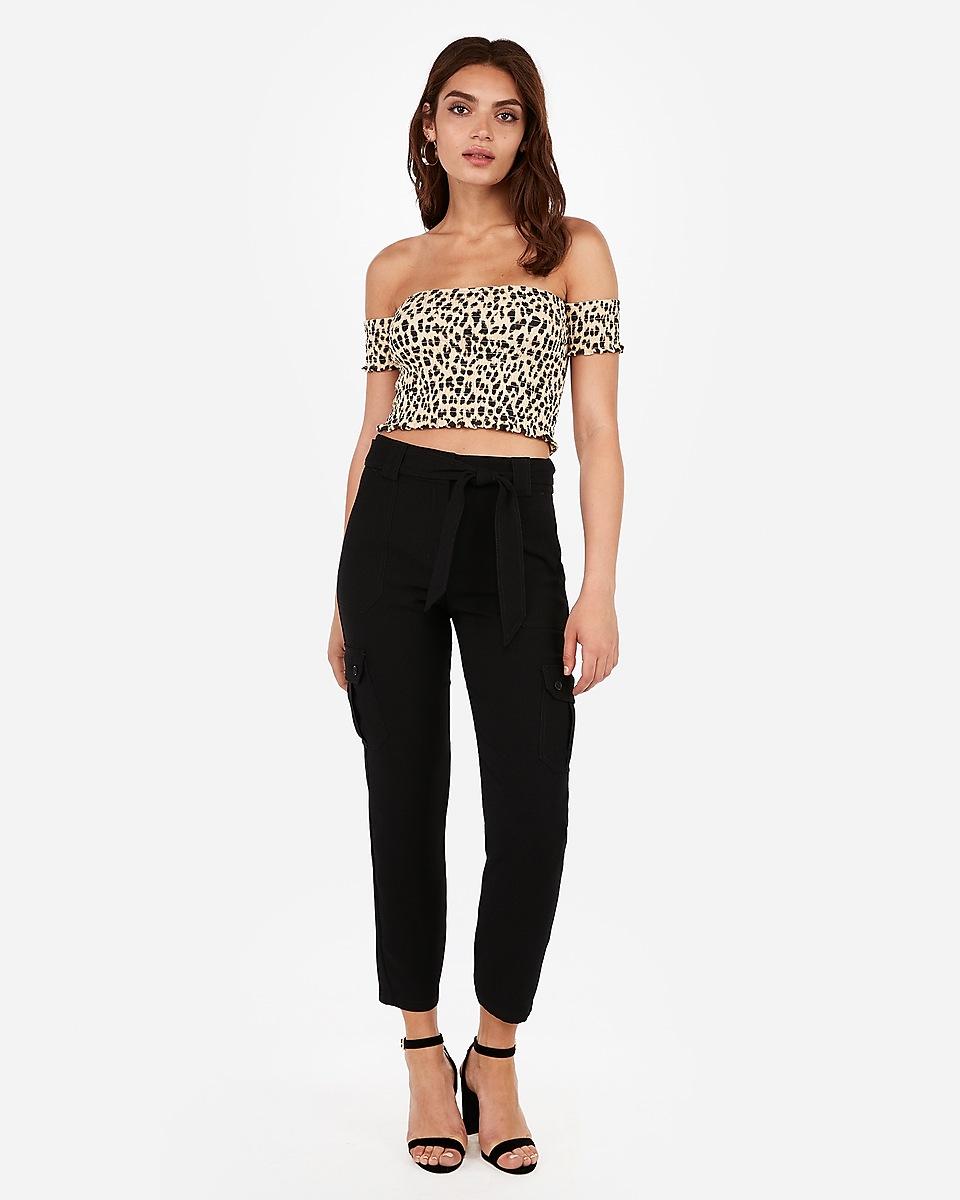 Express Denim Leopard Off The Shoulder Smocked Crop Tube Top Neutral