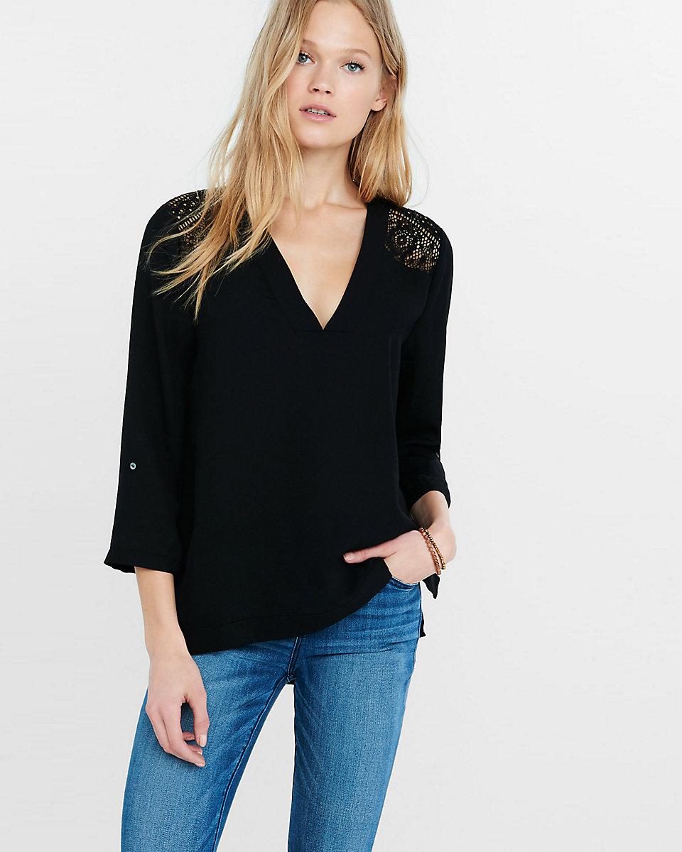 lyst express black v neck lace yoke blouse in black lyst express black v neck lace yoke blouse in black