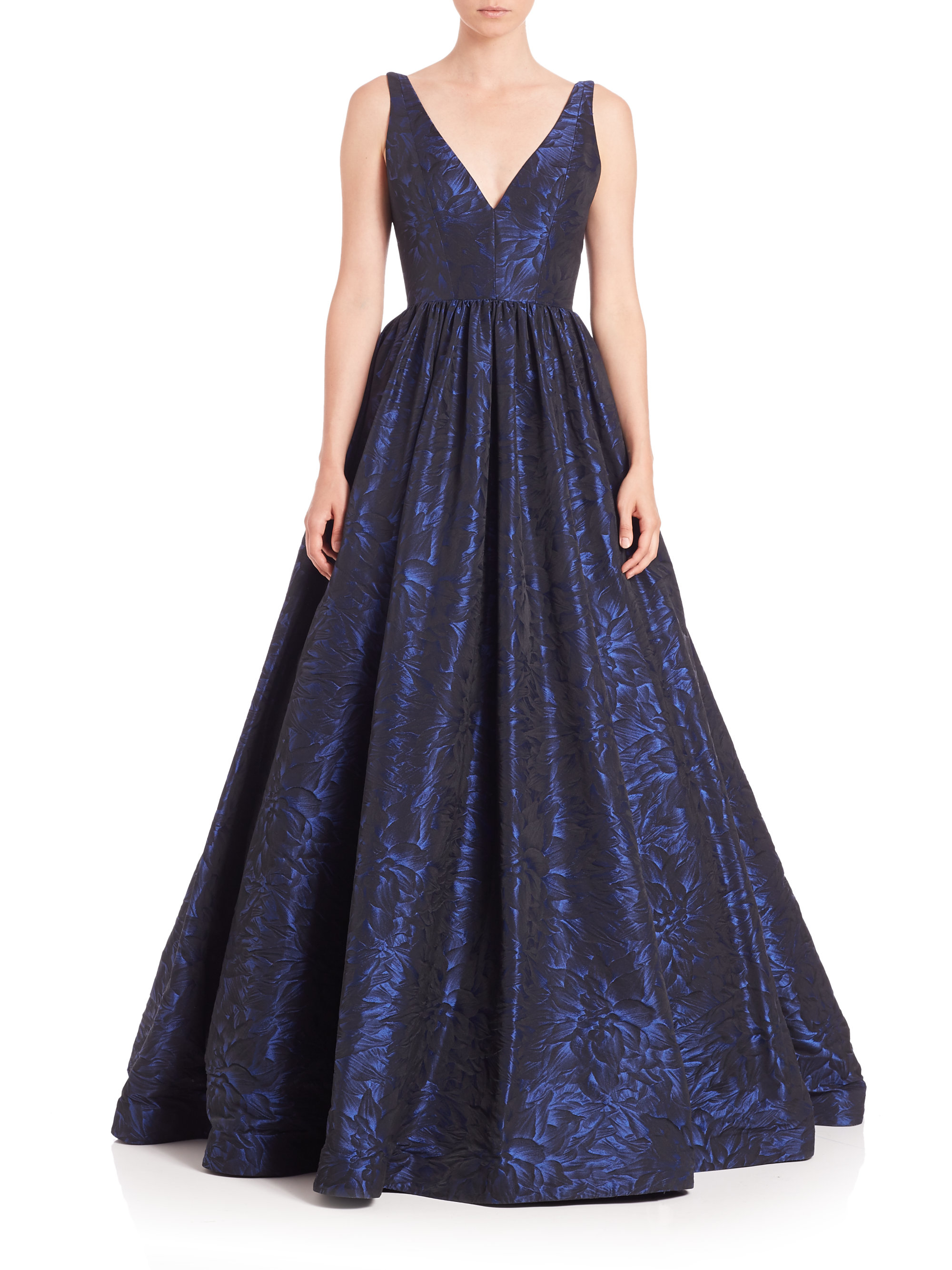 Lyst - Ml Monique Lhuillier V-neck Floral Jacquard Gown in Blue