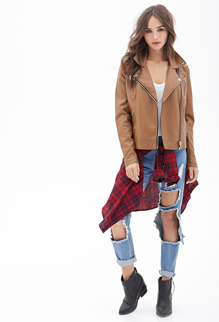 Forever 21 Zippered Faux Leather Moto Jacket In Brown Lyst