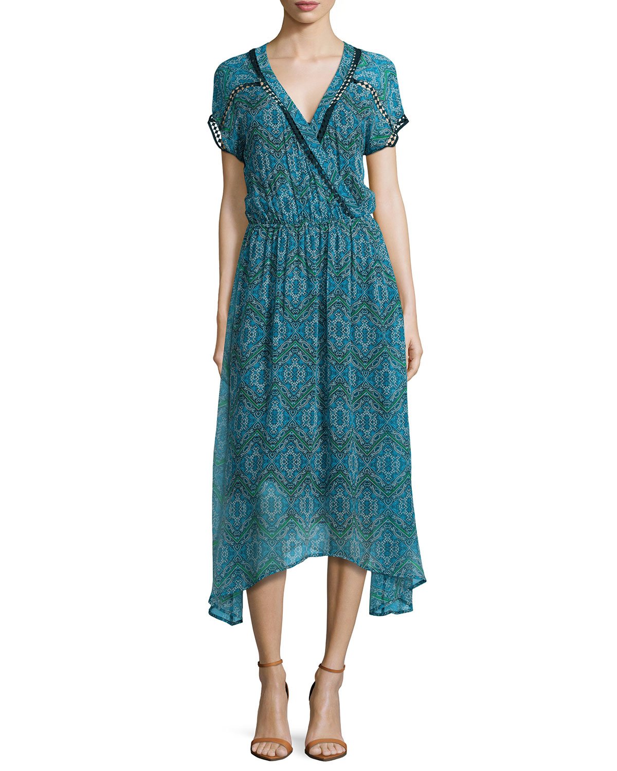Ella Moss Printed Short-Sleeve Faux-Wrap Maxi Dress in Green (moss) | Lyst