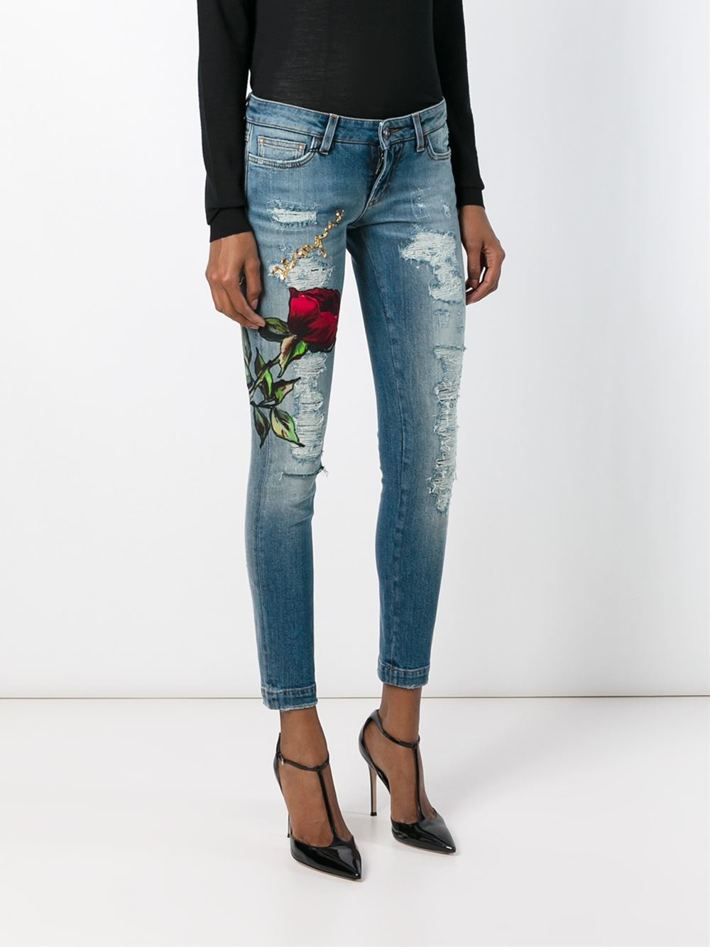 Lyst - Dolce & Gabbana Rose Appliqué Ripped Jeans in Blue