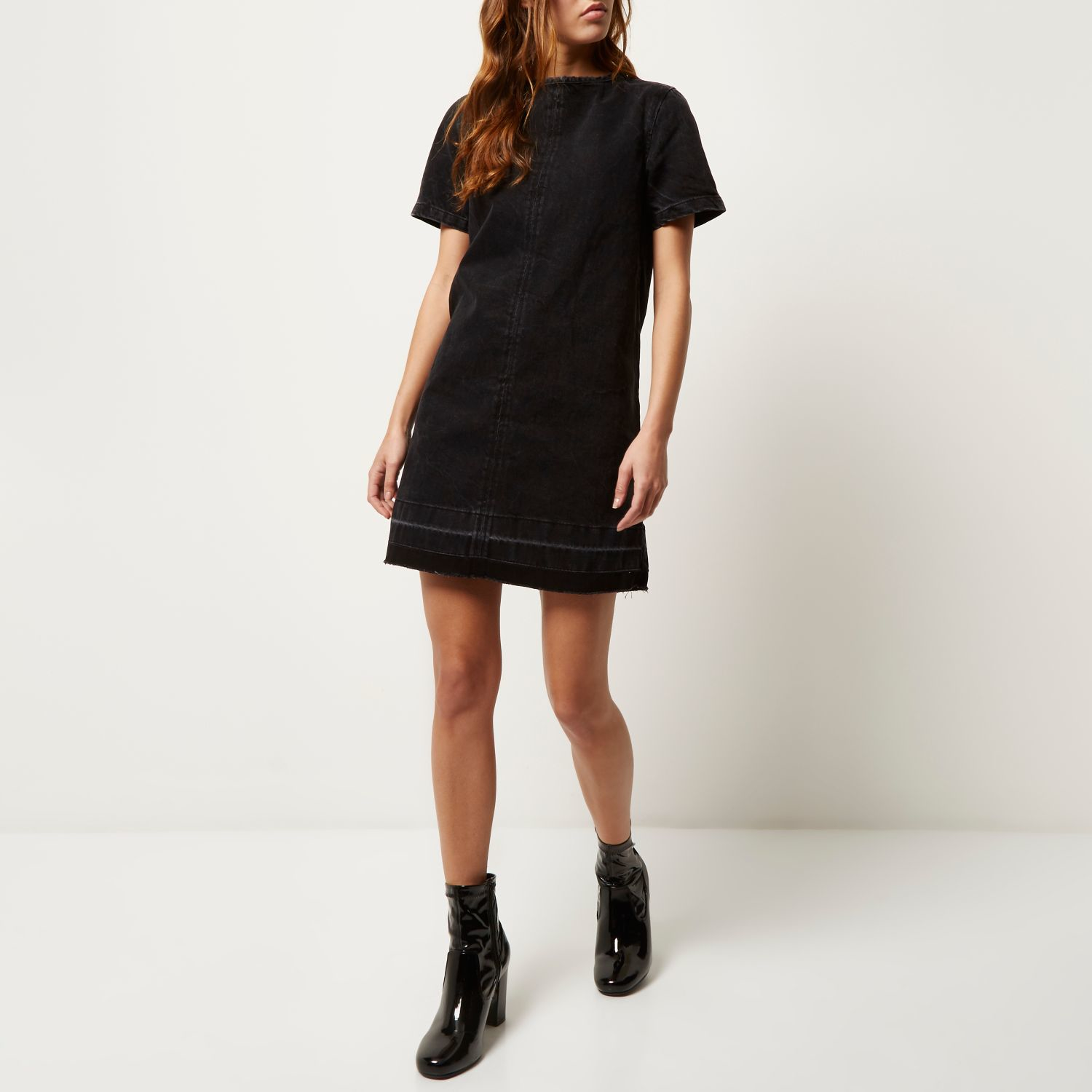 River island Black  Denim  Raw Tassel Hem T shirt  Dress  in 