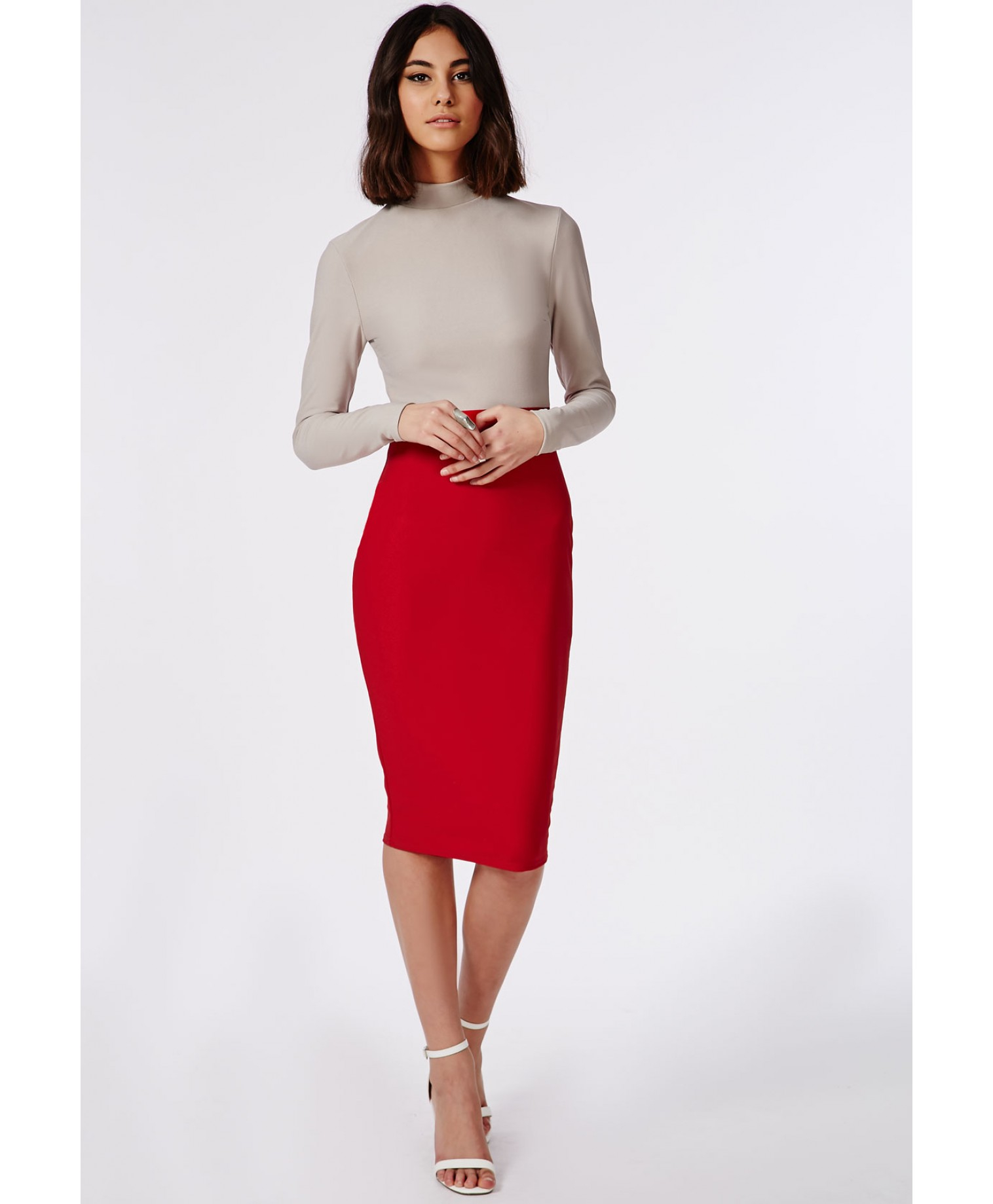 Missguided Contrast Long Sleeve High Neck Midi Dress Grey in Red (grey ...