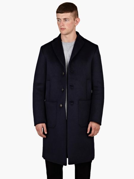 Oamc Navy Bonded Wool Overcoat in Blue for Men
