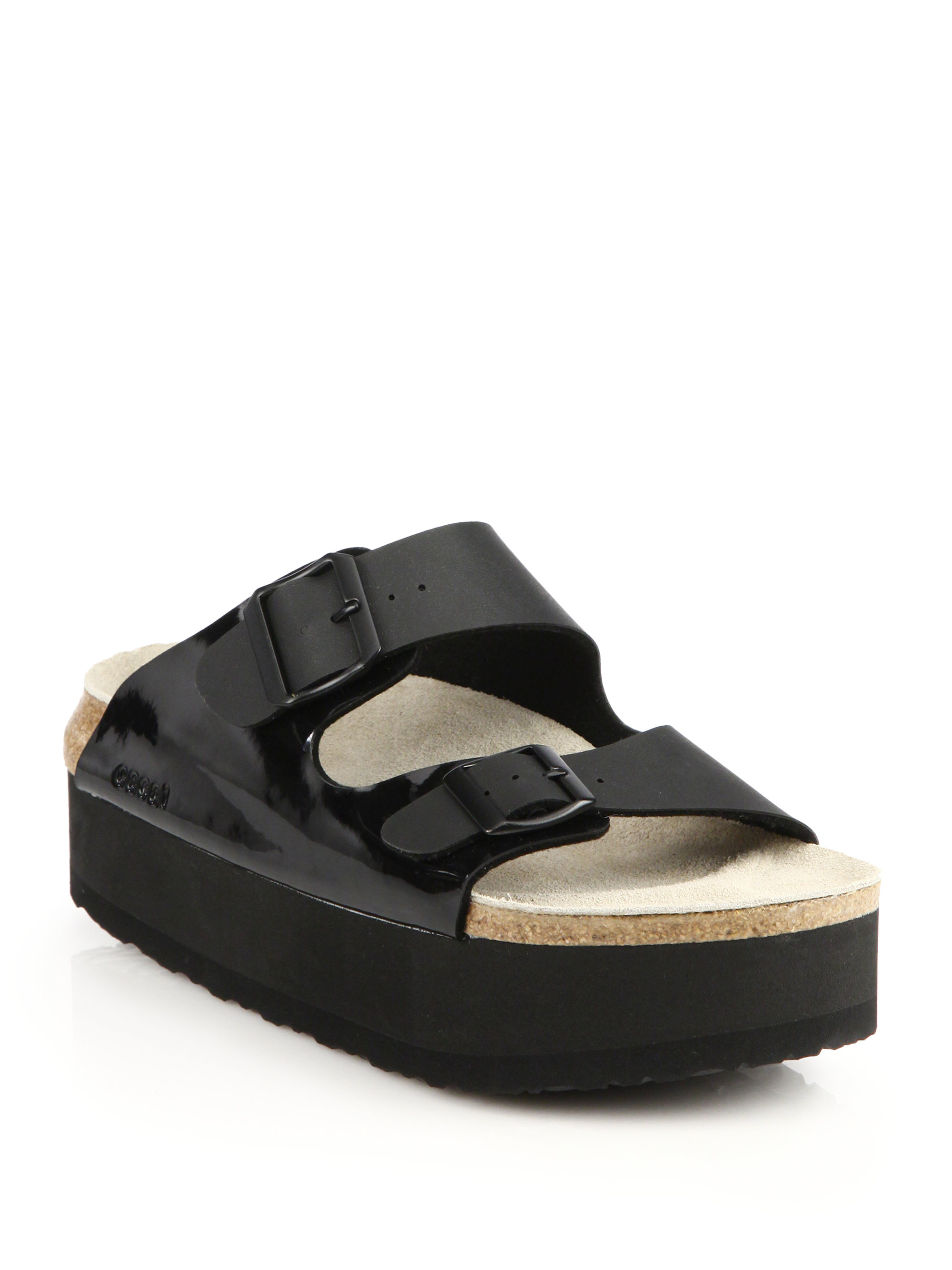 Sacai Leather & Patent Leather Platform Slide Sandals in Black | Lyst