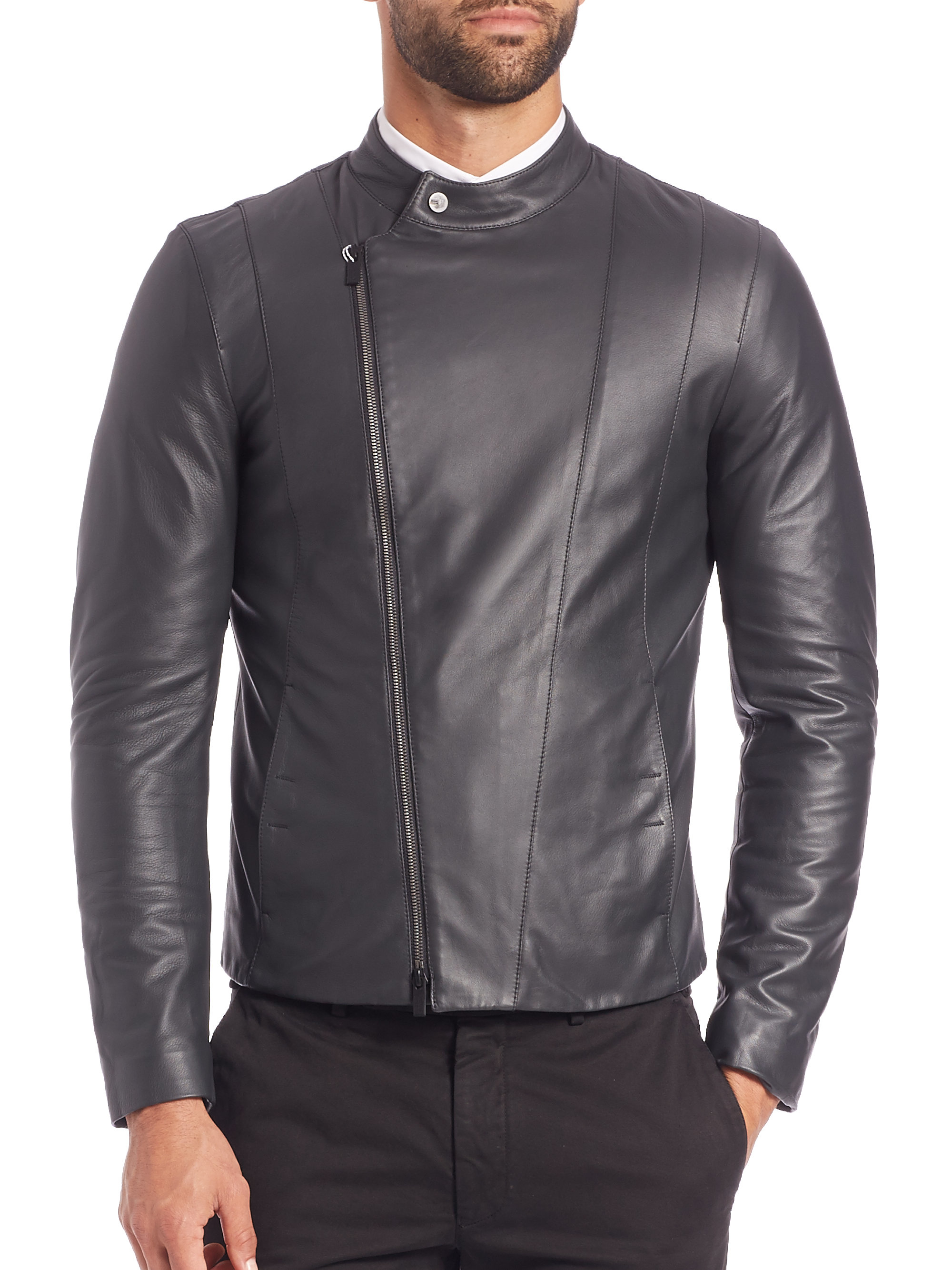 Armani Asymmetrical Zip Leather Moto Jacket in Gray for Men | Lyst