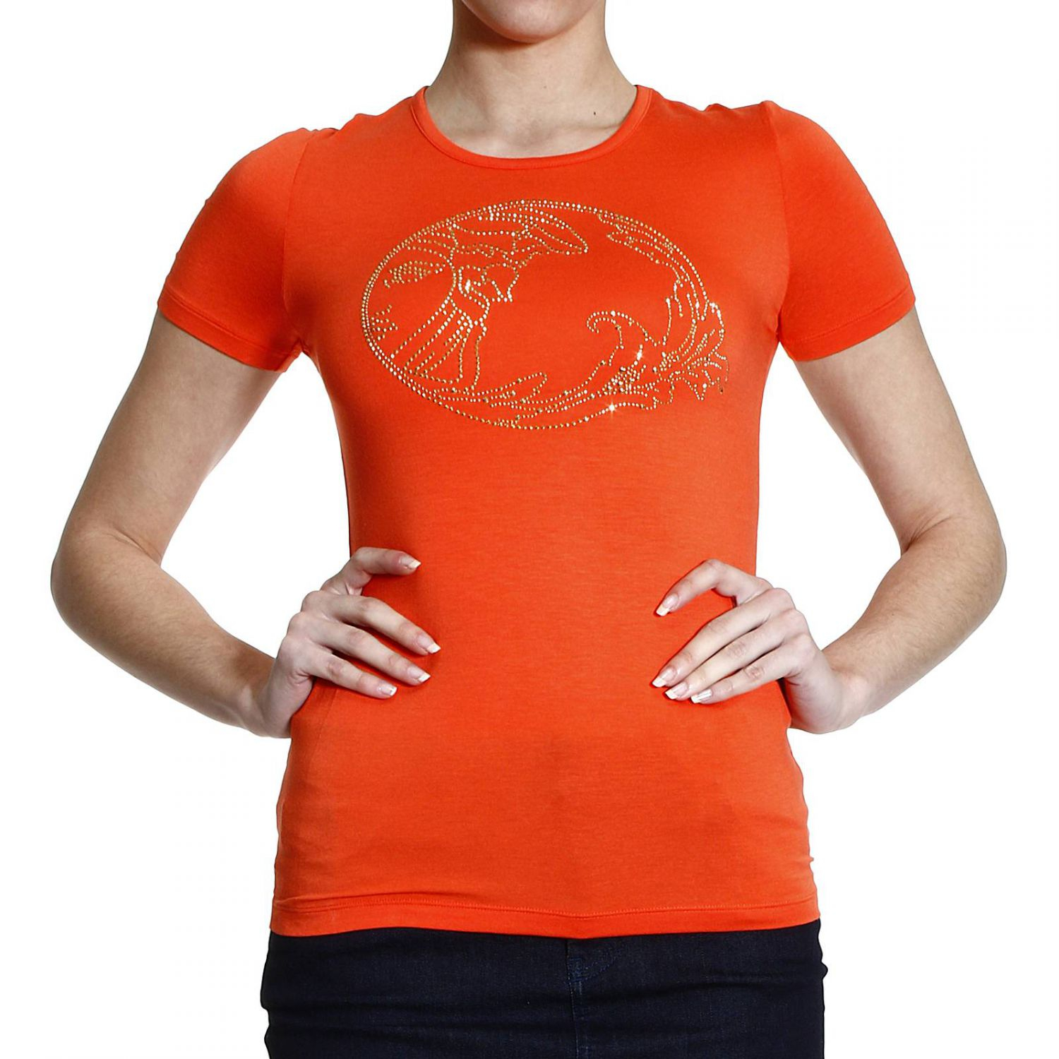 Versace T-Shirt Half Sleeve Crew-Neck Jersey With Studds Logo in Orange ...