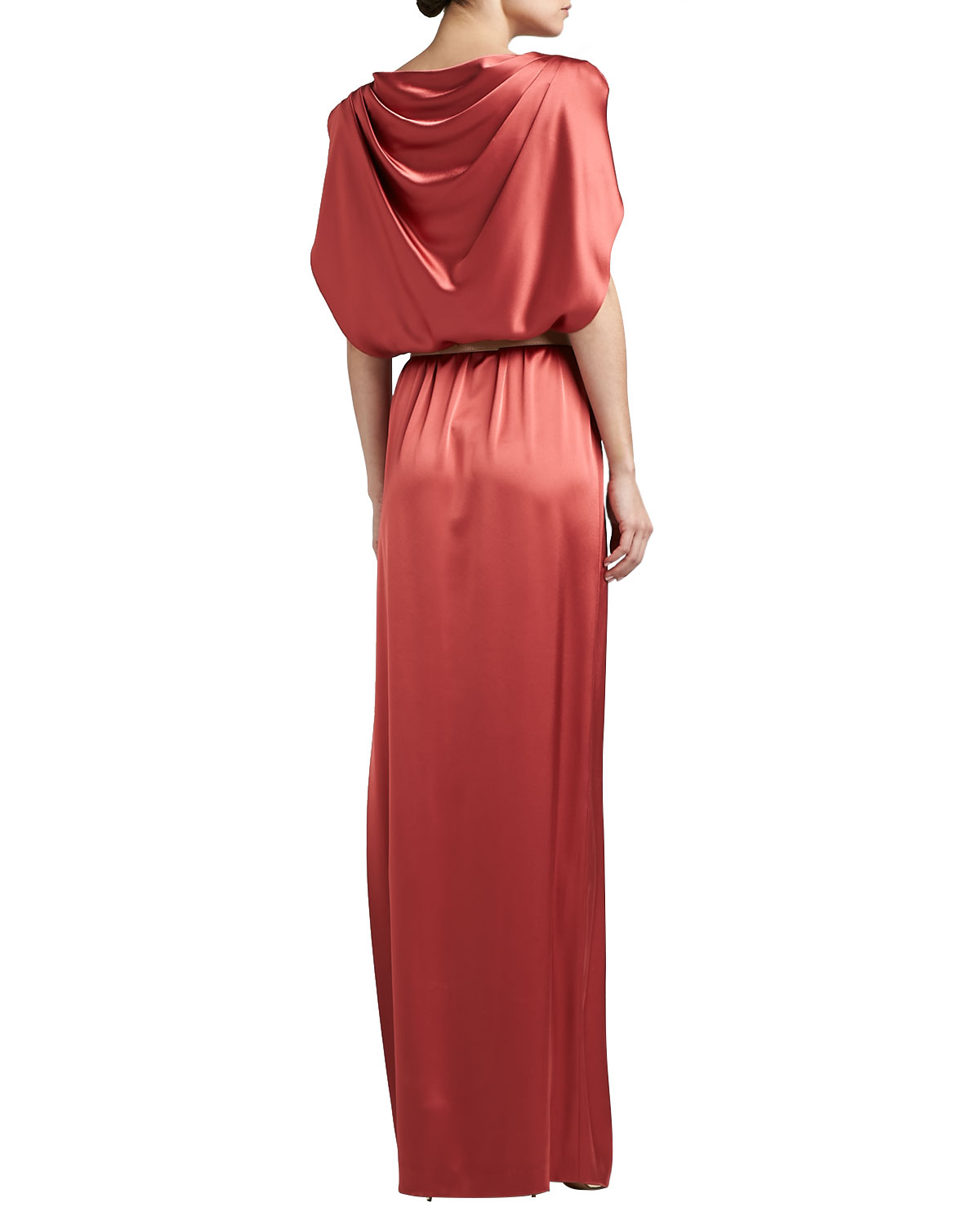 Lyst - St. john Liquid Satin Evening Gown with Capelet in Red