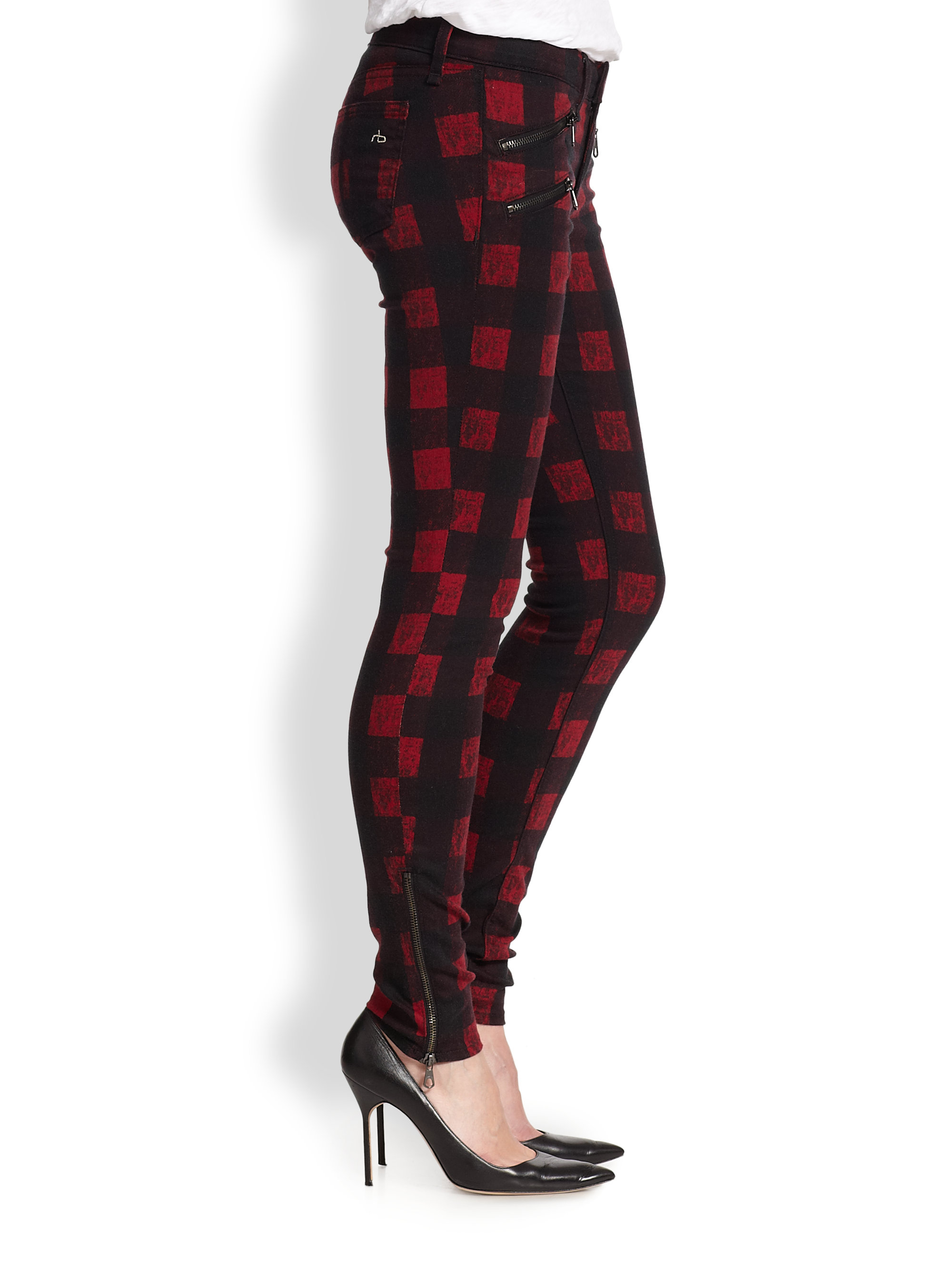 red plaid skinny pants