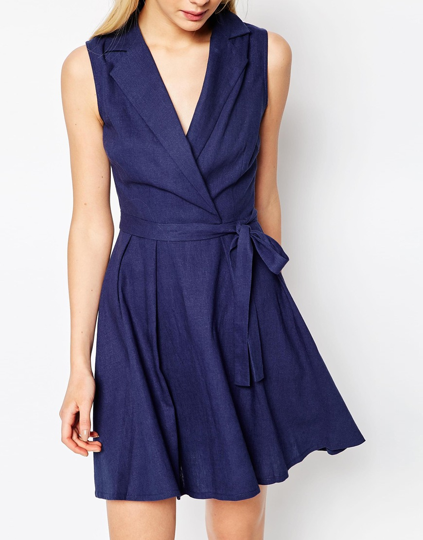 Asos Sleeveless Linen Mini Shirt  Dress  With Belt  in Blue  