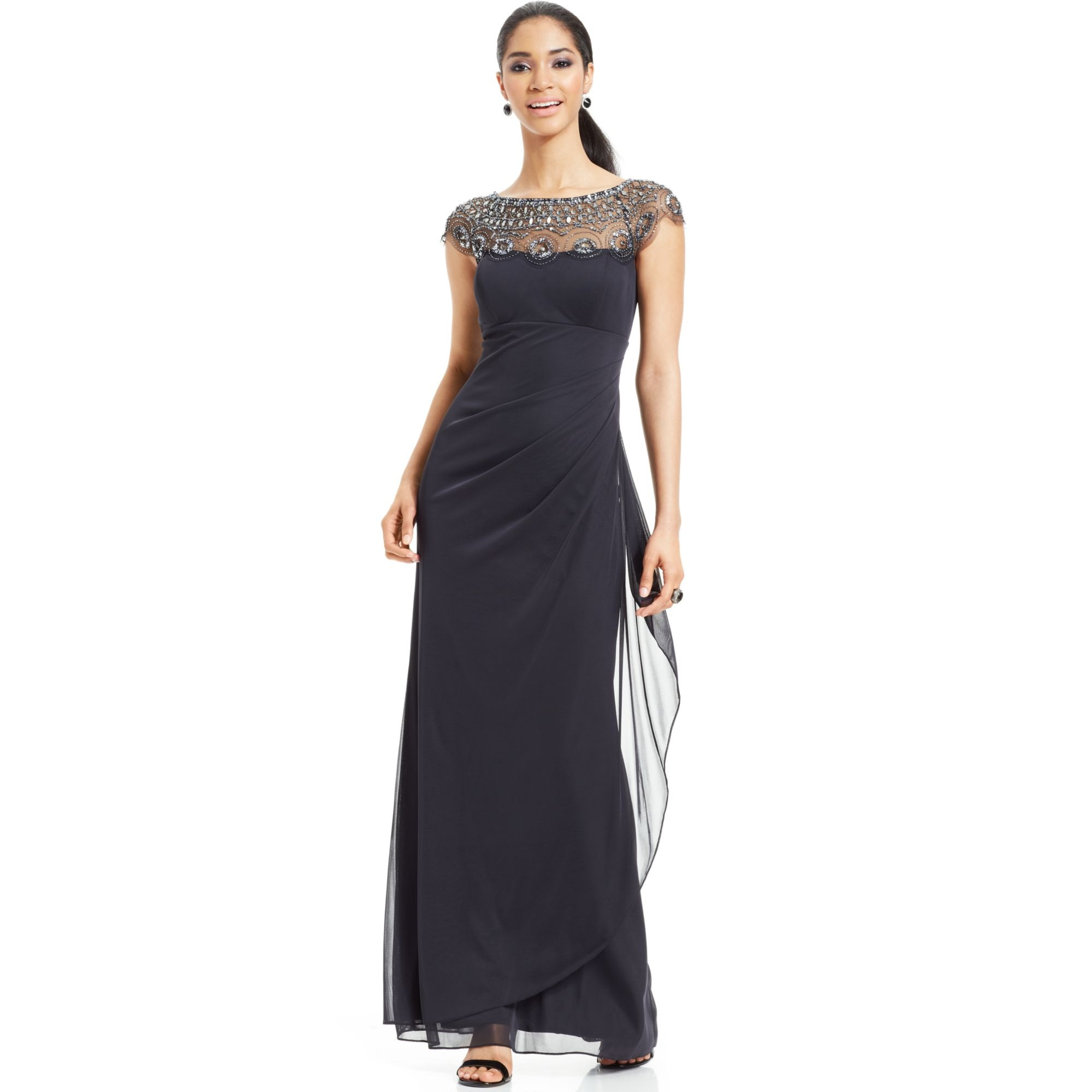 Xscape Cap-Sleeve Illusion Beaded Gown in Gray (Charcoal) | Lyst