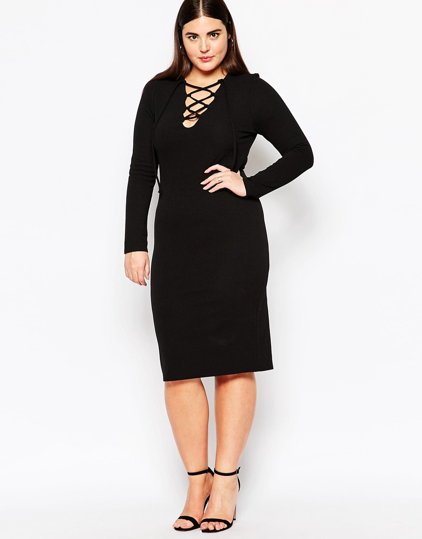 Lyst - Club L Plus Size Midi Bodycon Dress With Lace Up Front in Black