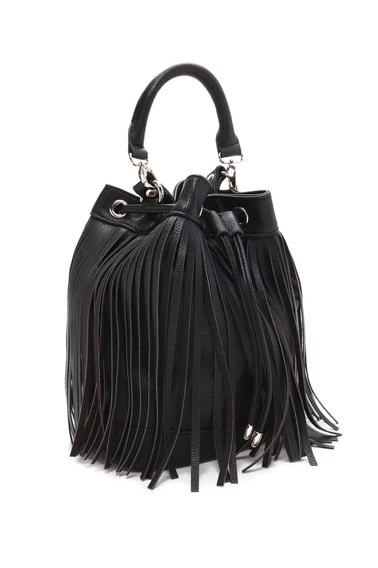 Lyst Forever 21 Fringed Faux Leather Bucket Bag In Black Gallery Women S Fringed Bags