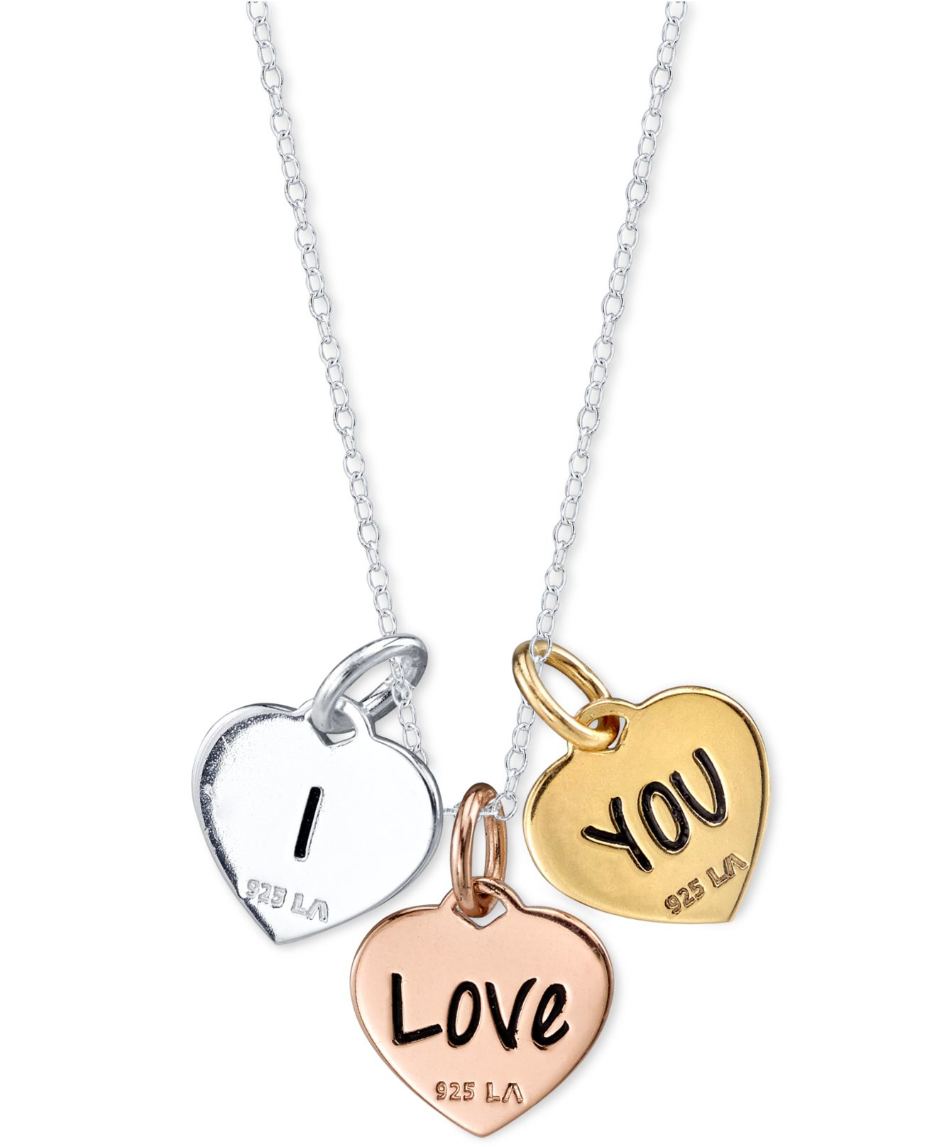 Macy's I Love You Triple Heart Pendant Necklace In Tritone Sterling