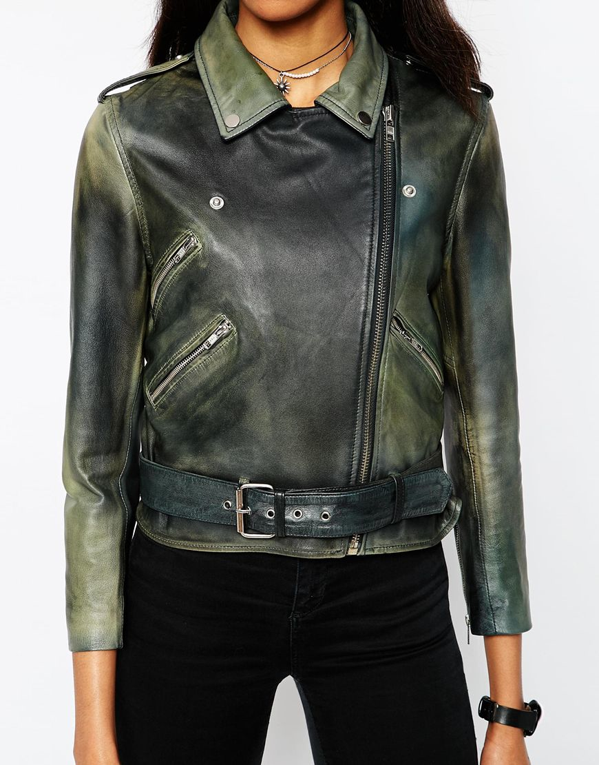 Lyst Asos Premium Leather Biker Jacket With Heavy Wash And Belt Gallery