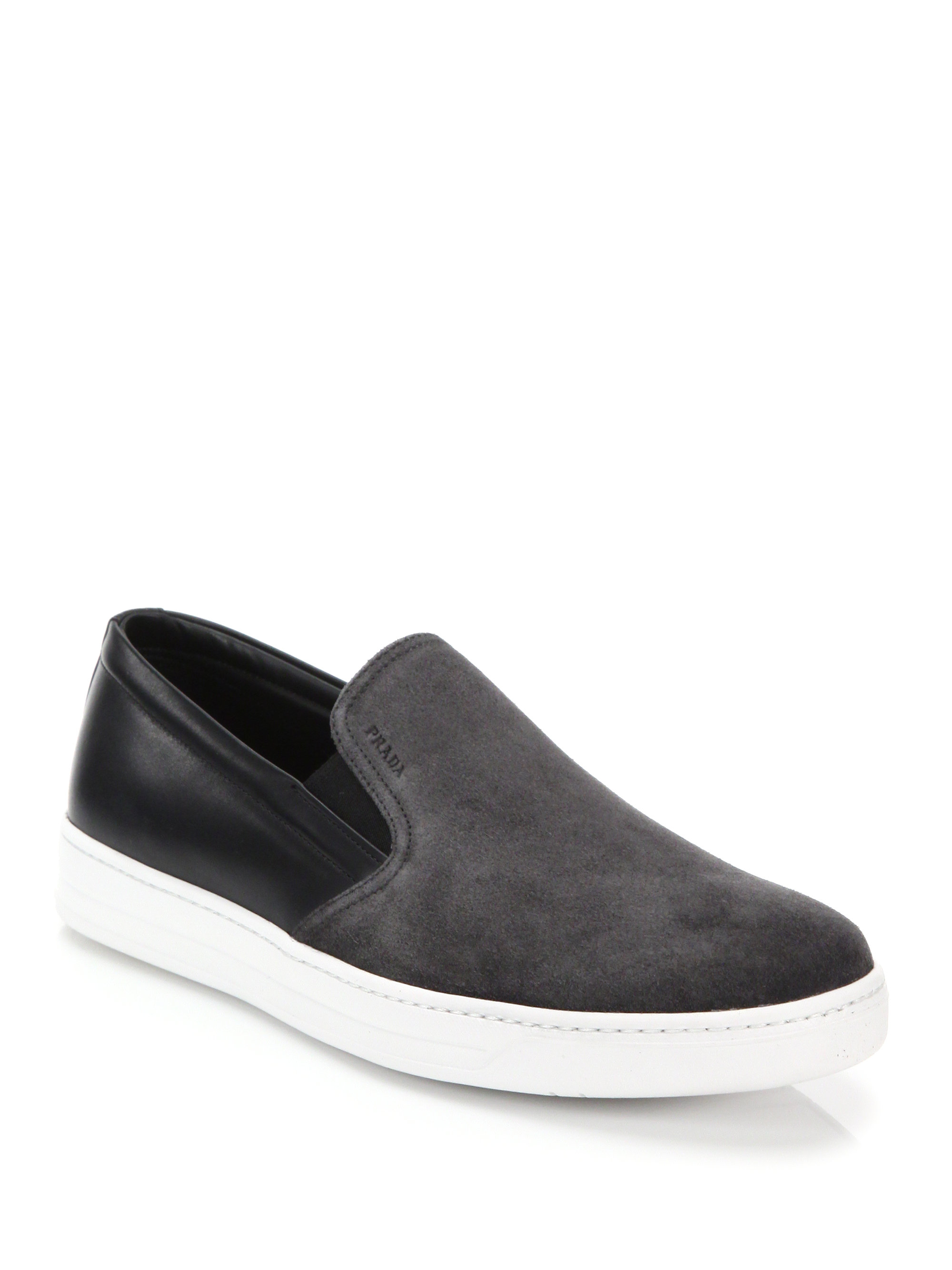 Prada Mixed-media Leather & Suede Slip-on Sneakers in Gray for Men ...